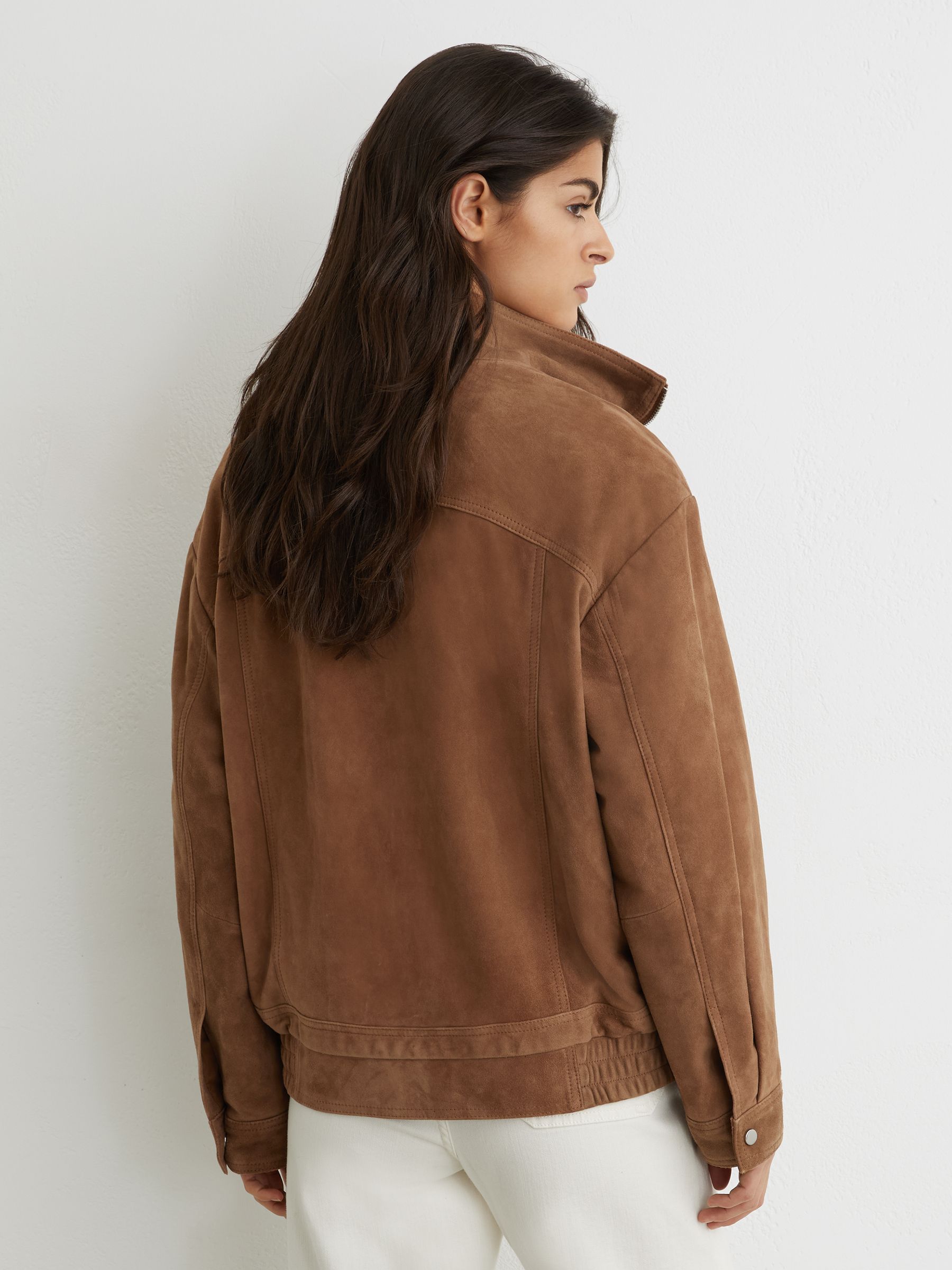 Petite Suede Funnel-Neck Bomber Jacket in Tan - Image 5 of 7