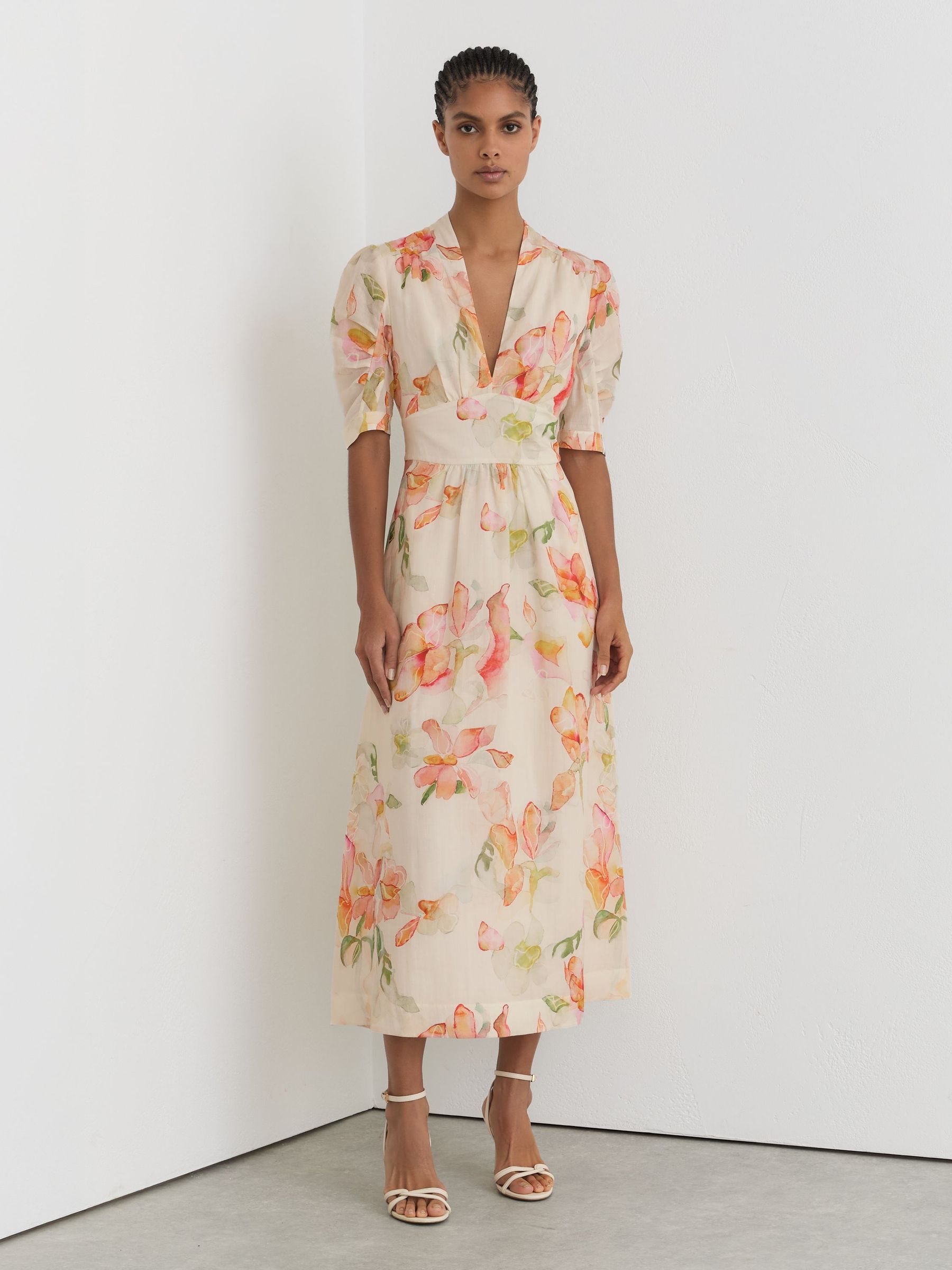 Floral-Print Waisted Midi Dress in Ivory/Pink - Image 1 of 6