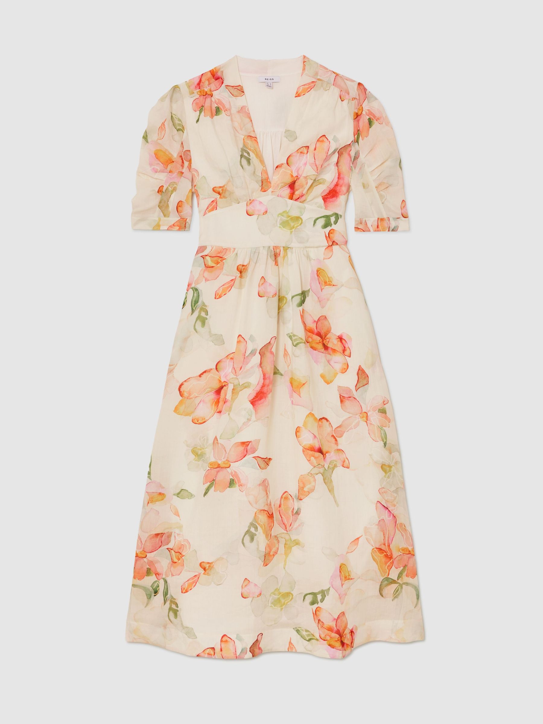 Floral-Print Waisted Midi Dress in Ivory/Pink - Image 2 of 6