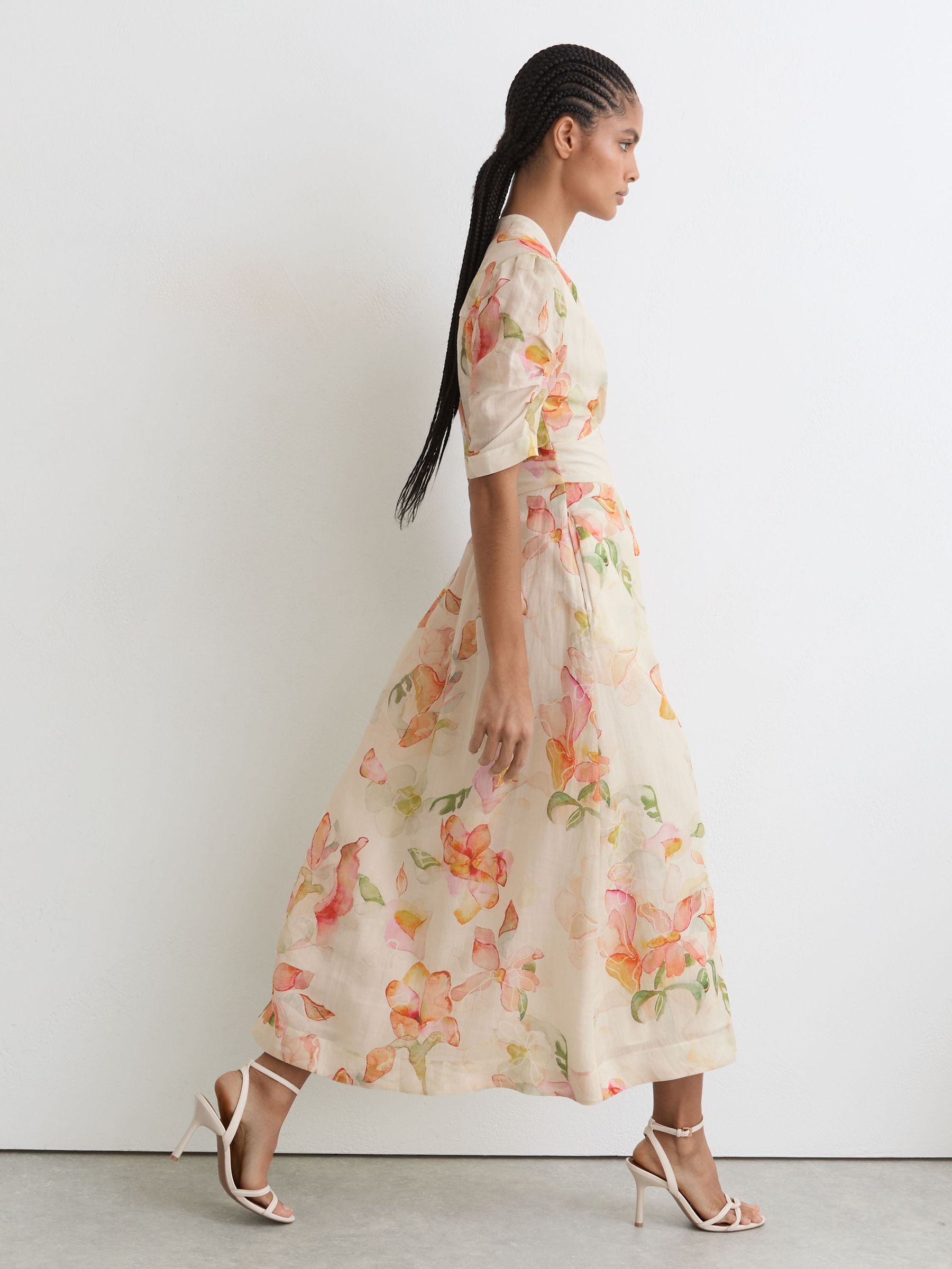 Floral-Print Waisted Midi Dress in Ivory/Pink - Image 3 of 6