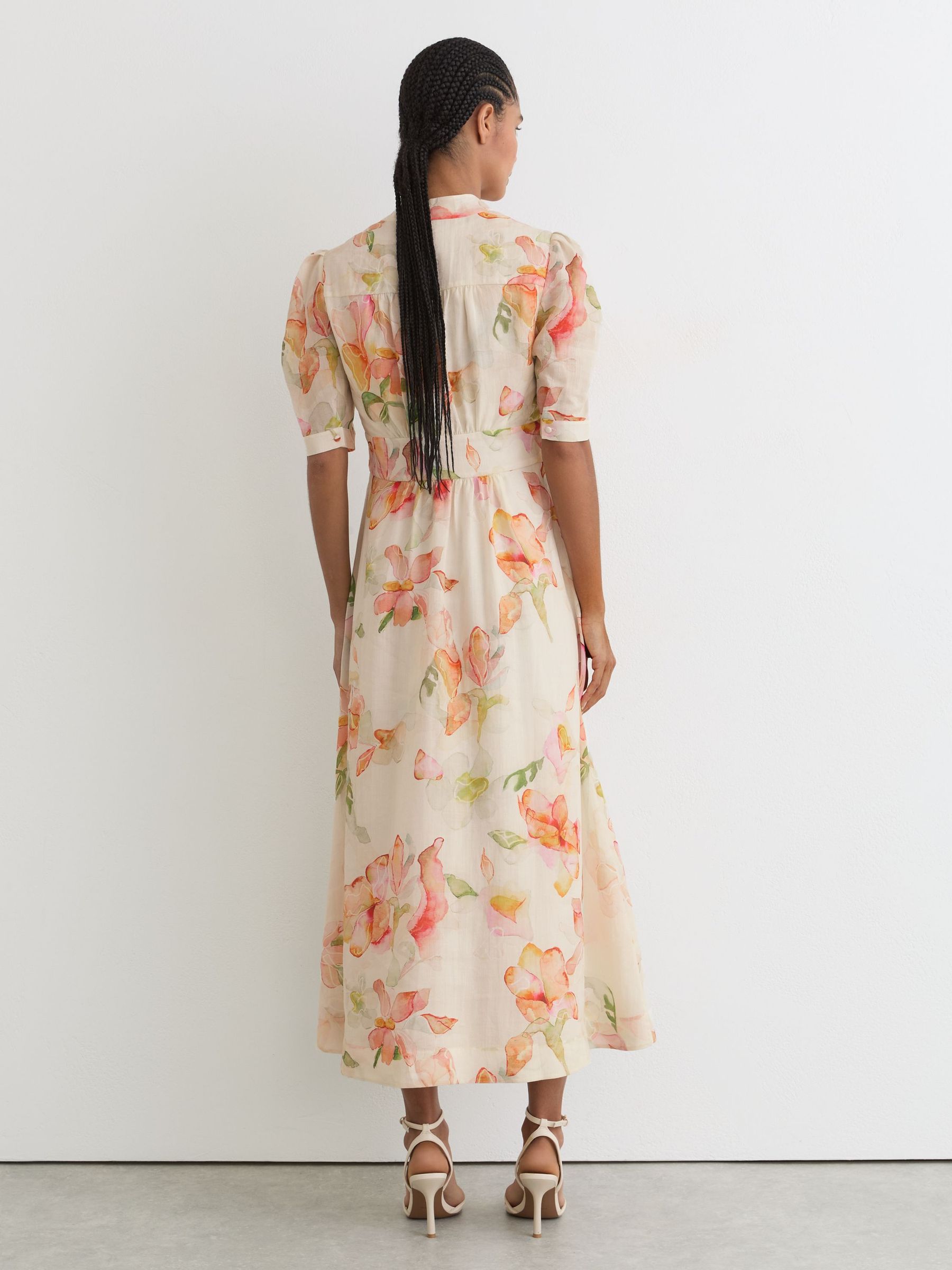 Floral-Print Waisted Midi Dress in Ivory/Pink - image 4
