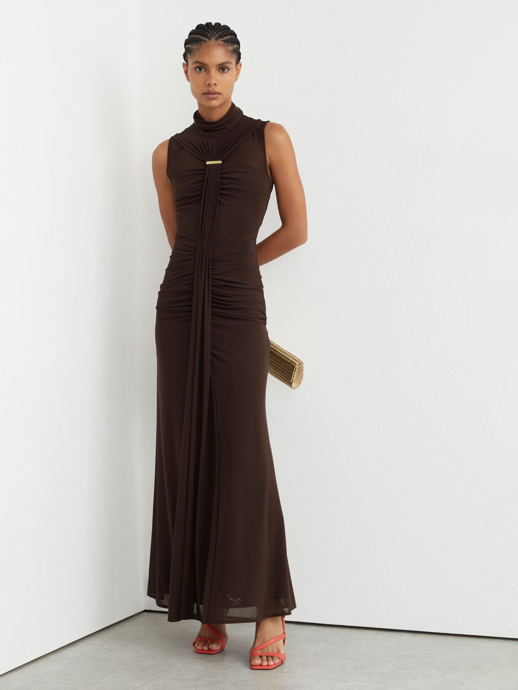 Ruched Sleeveless Maxi Dress in Chocolate Brown - image 2