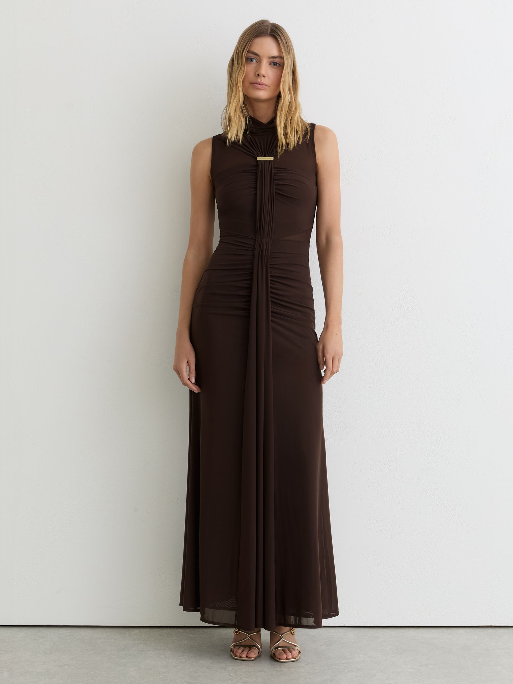 Ruched Sleeveless Maxi Dress in Chocolate Brown - Image 1 of 6