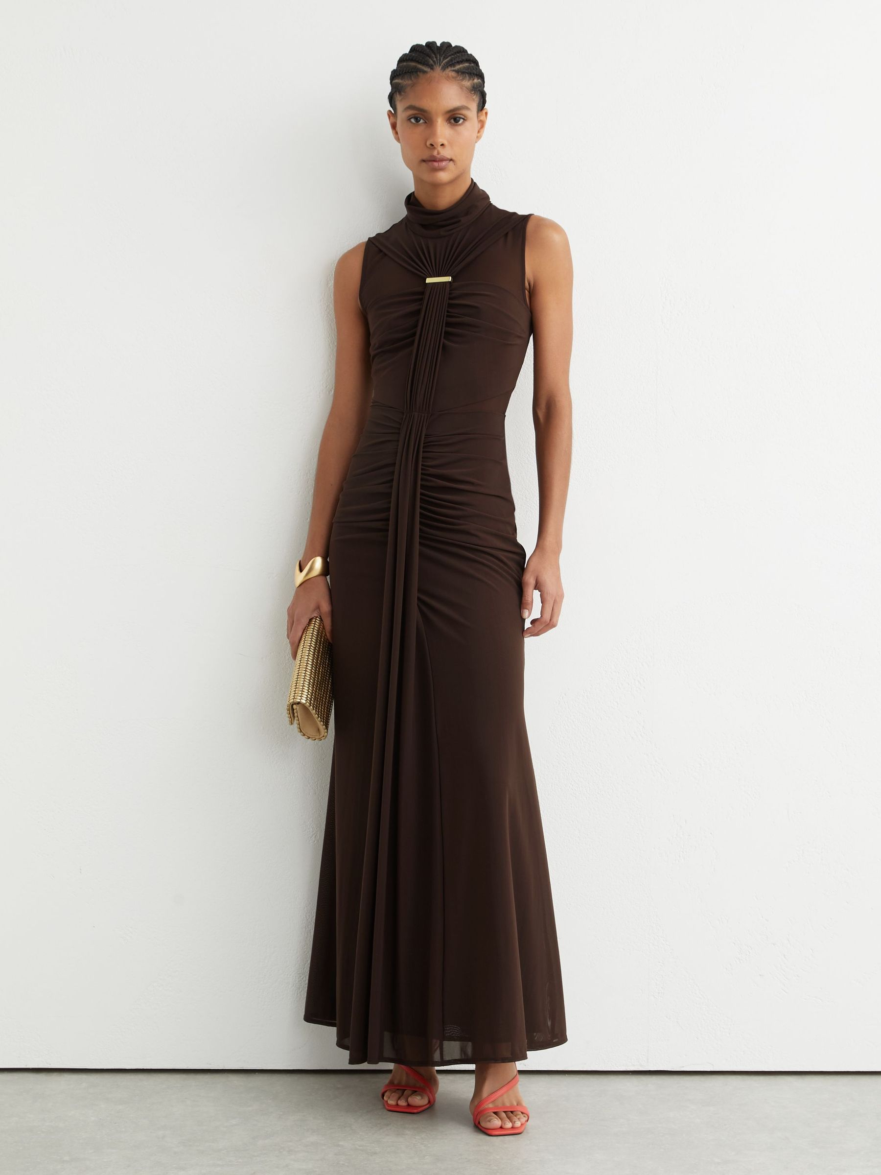 Petite Ruched Sleeveless Maxi Dress in Chocolate Brown - image 3