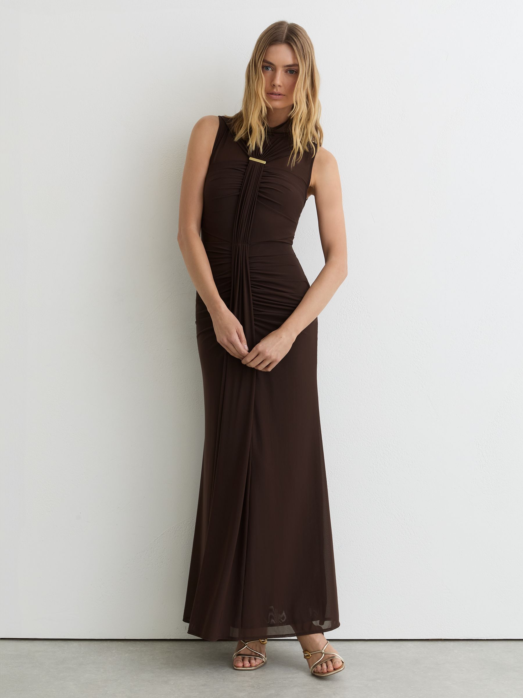 Petite Ruched Sleeveless Maxi Dress in Chocolate Brown - Image 5 of 7