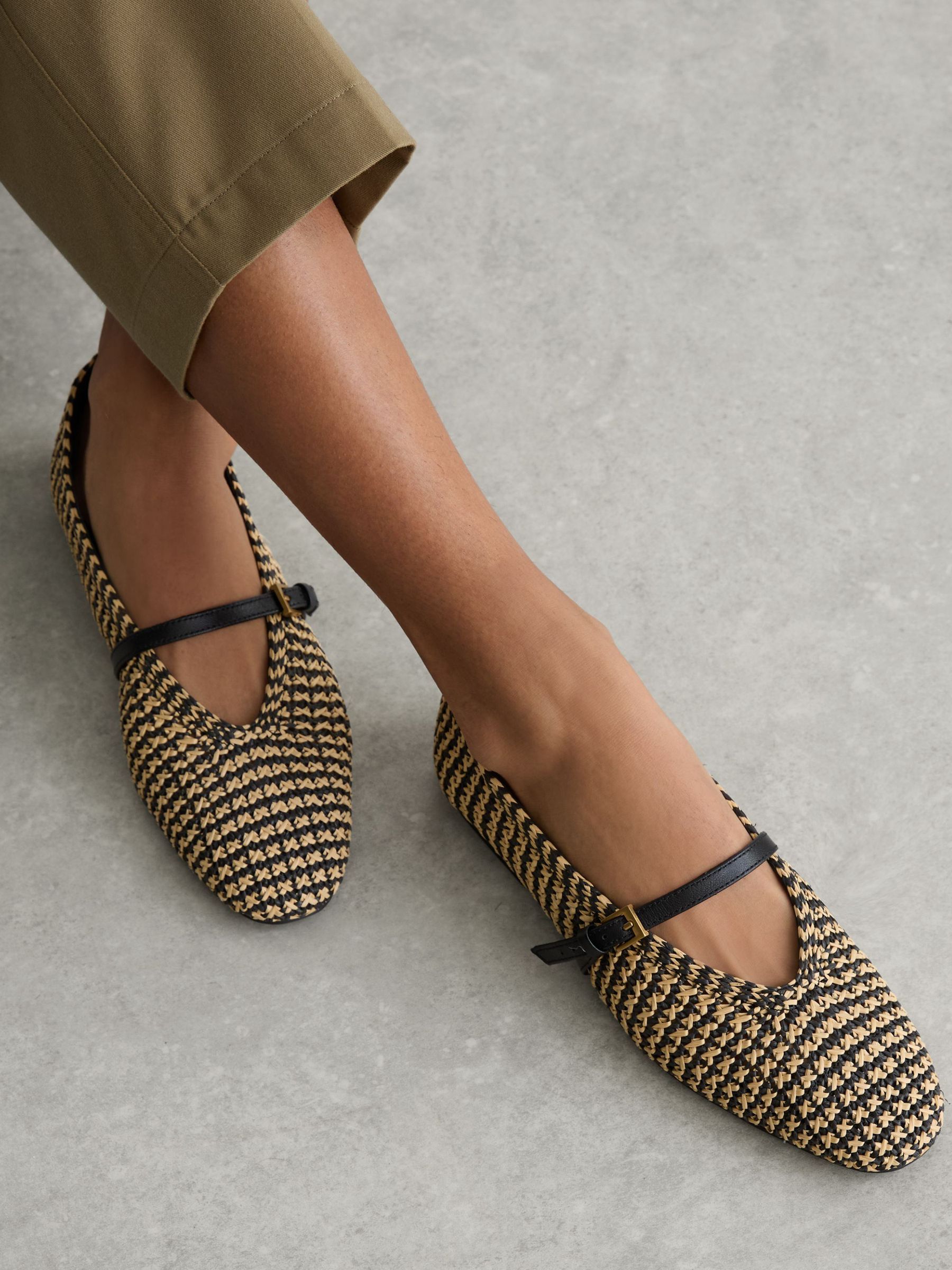 Raffia-Effect Stripe Ballet Flats in Natural/Black - Image 1 of 6
