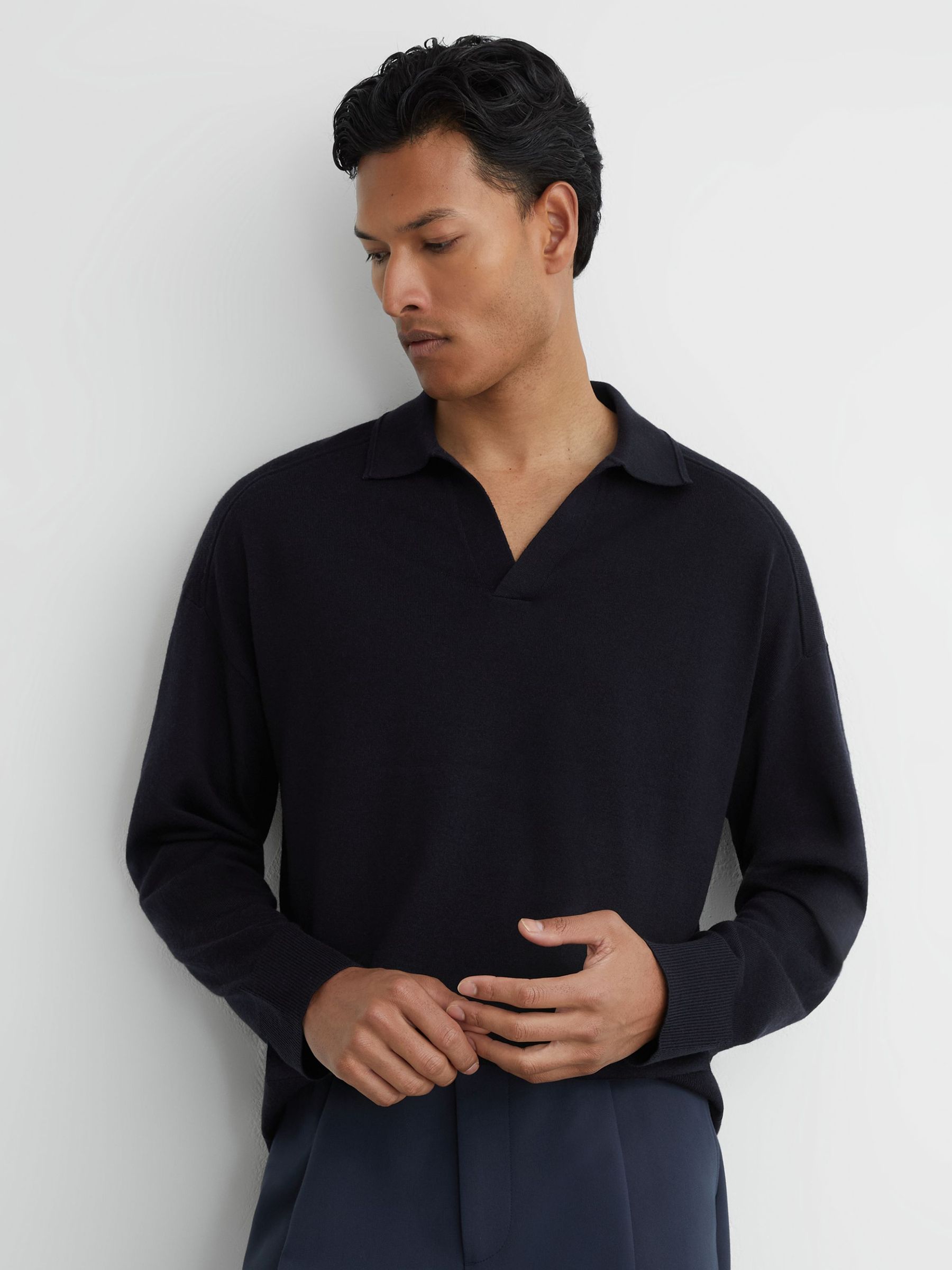 Merino Wool Open-Collar Polo Jumper in Navy - Image 1 of 6