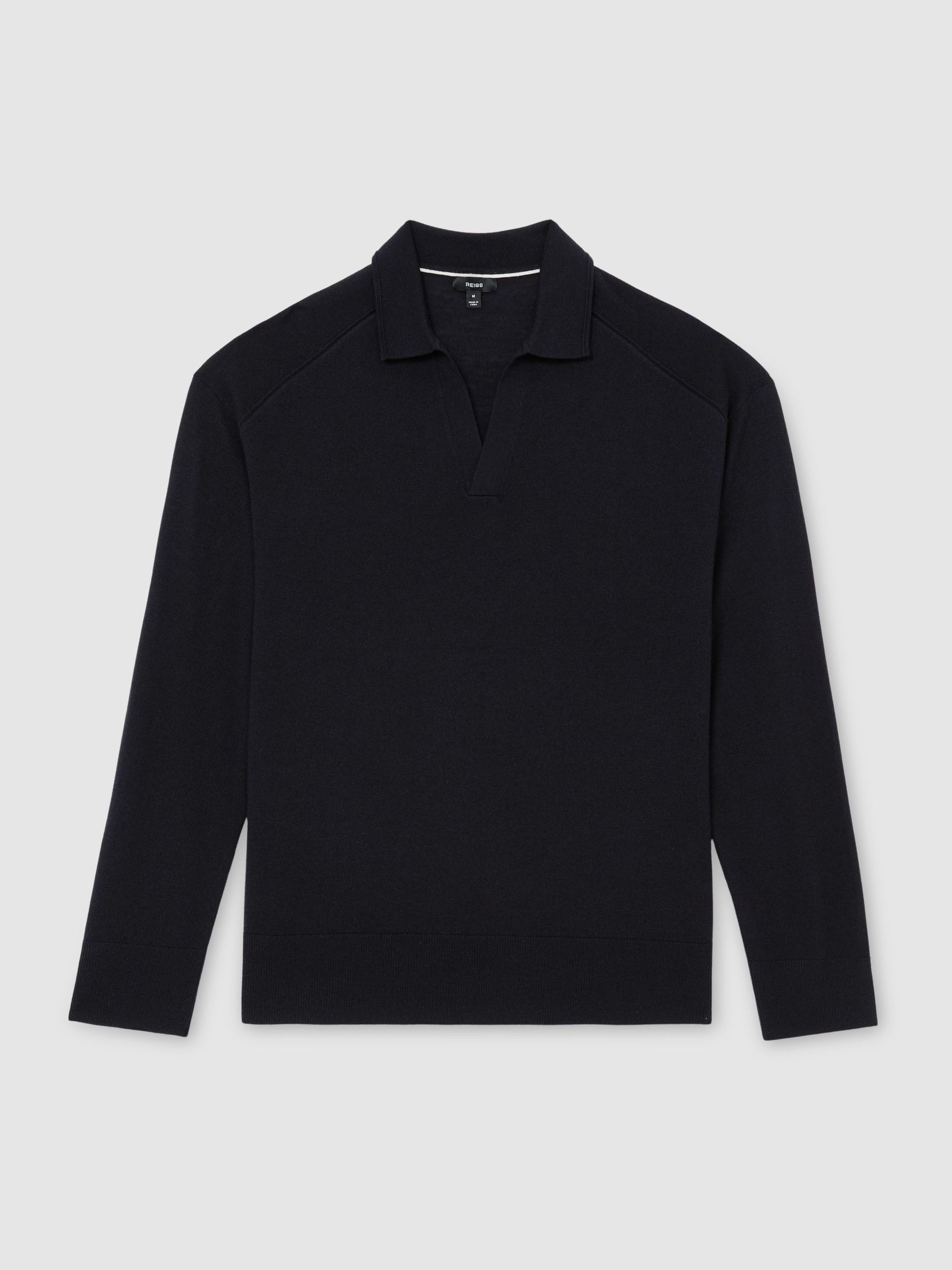 Merino Wool Open-Collar Polo Jumper in Navy - image 1