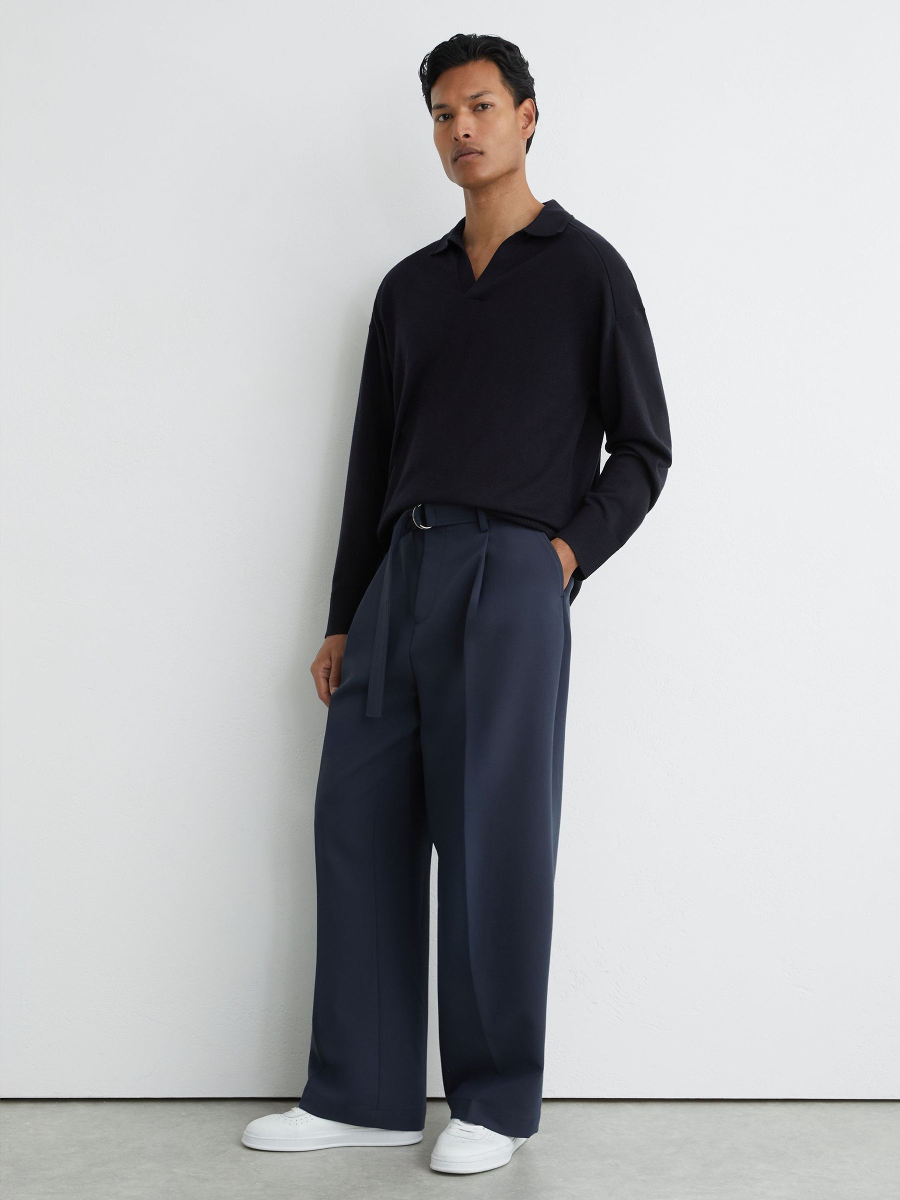 Merino Wool Open-Collar Polo Jumper in Navy - Image 3 of 6