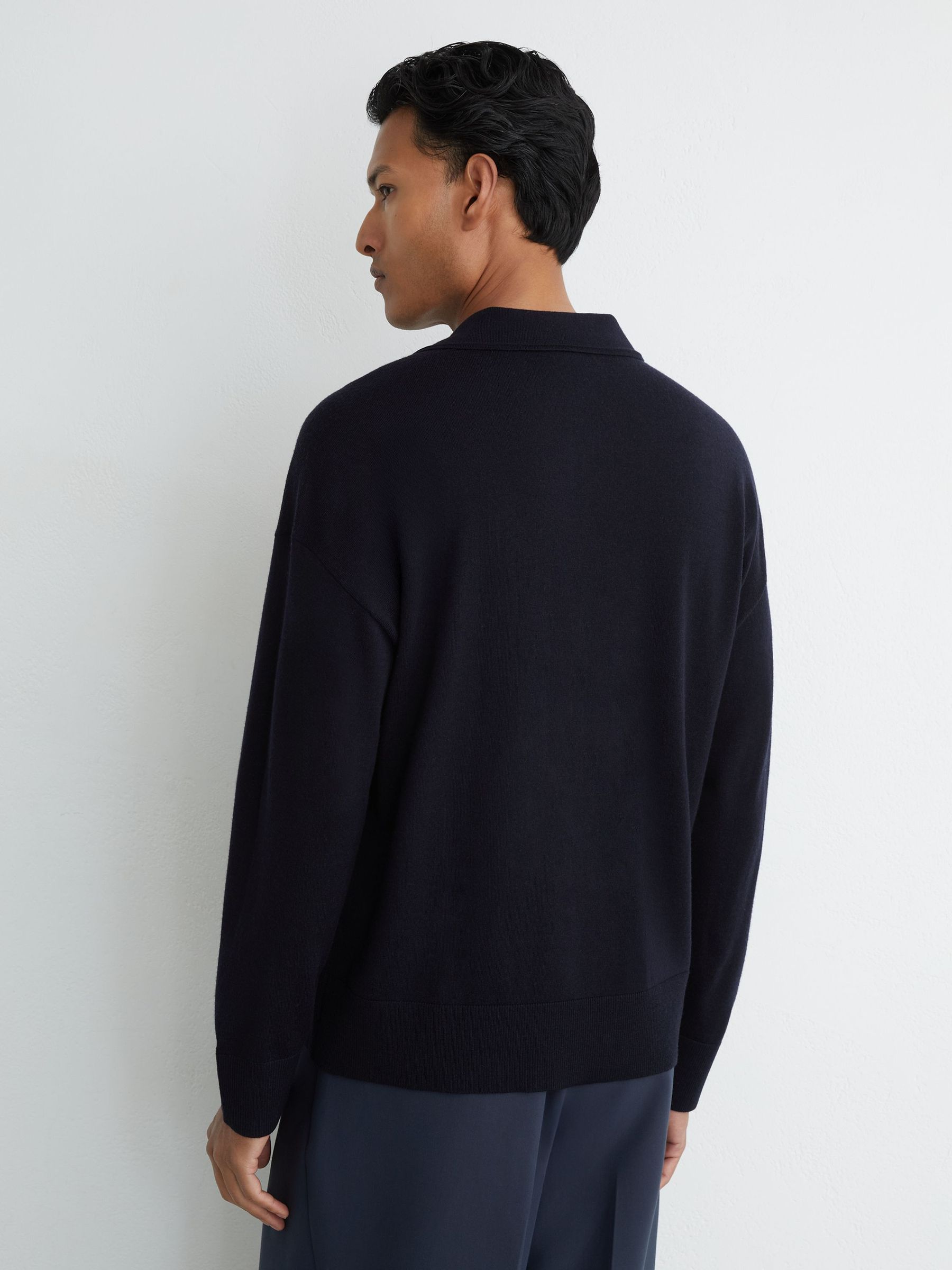 Merino Wool Open-Collar Polo Jumper in Navy - Image 4 of 6