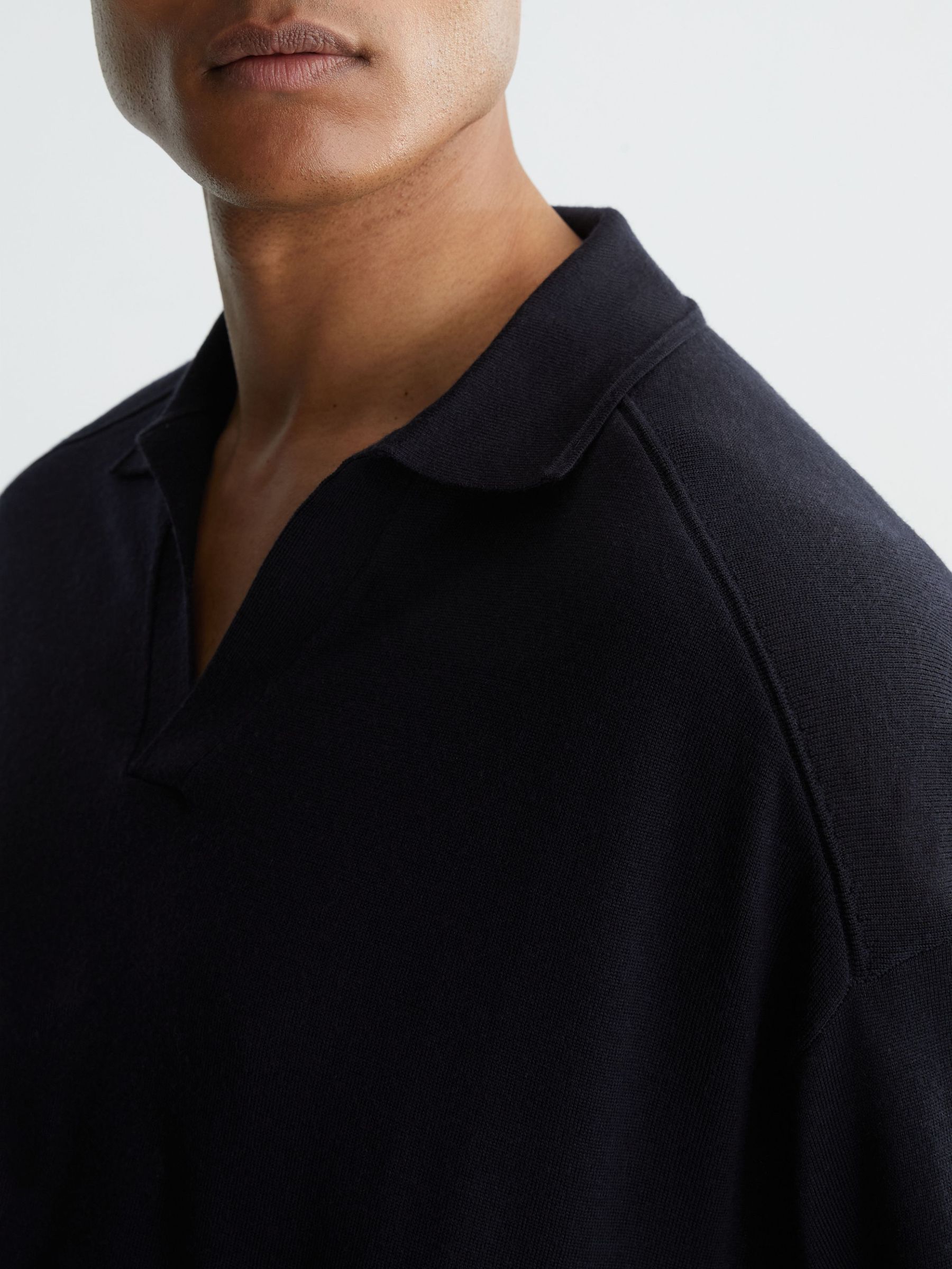 Merino Wool Open-Collar Polo Jumper in Navy - Image 5 of 6