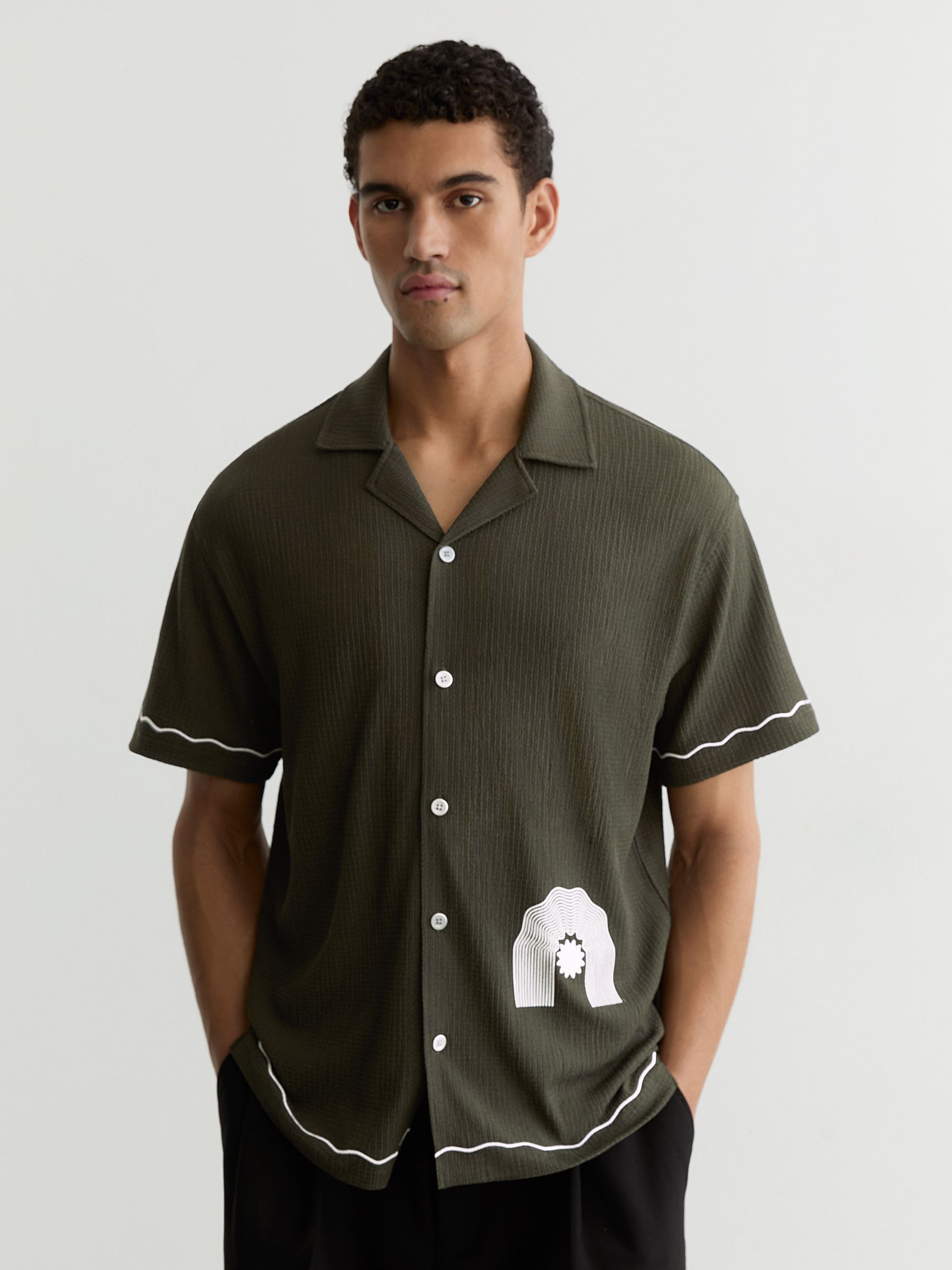 Textured Motif-Print Cuban-Collar Shirt in Dark Green - Image 1 of 7