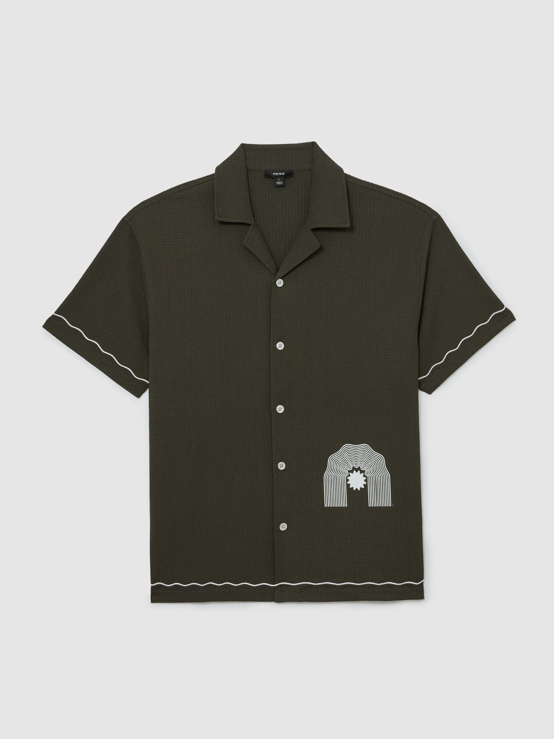 Textured Motif-Print Cuban-Collar Shirt in Dark Green - Image 2 of 7