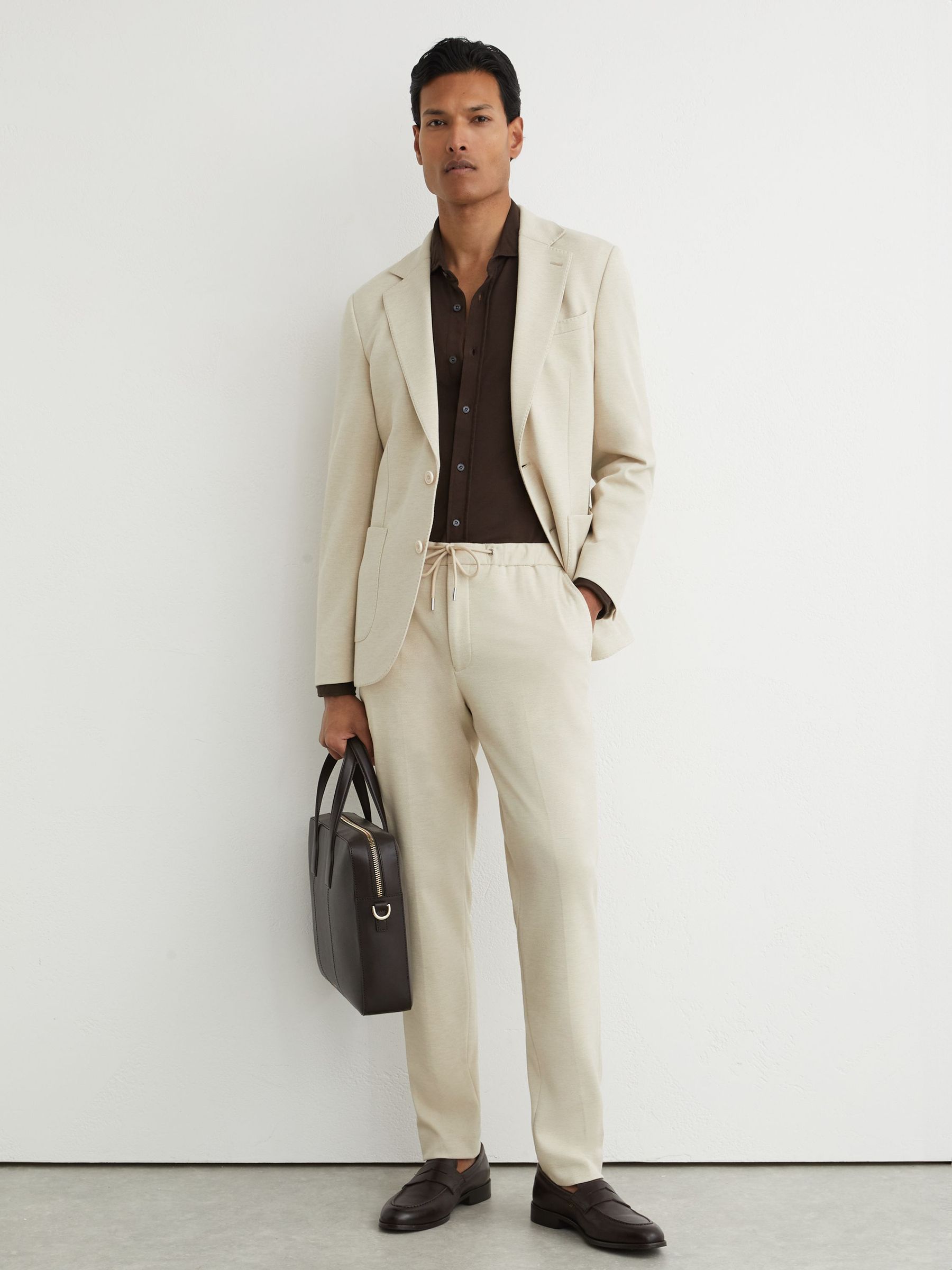 Tailored Fit Textured Jersey Drawstring Suit Trousers in Stone - Image 1 of 6