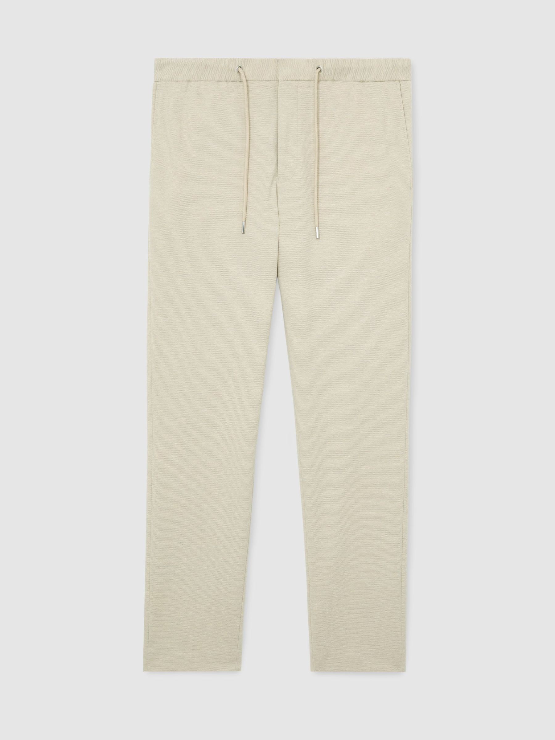 Tailored Fit Textured Jersey Drawstring Suit Trousers in Stone - image 1