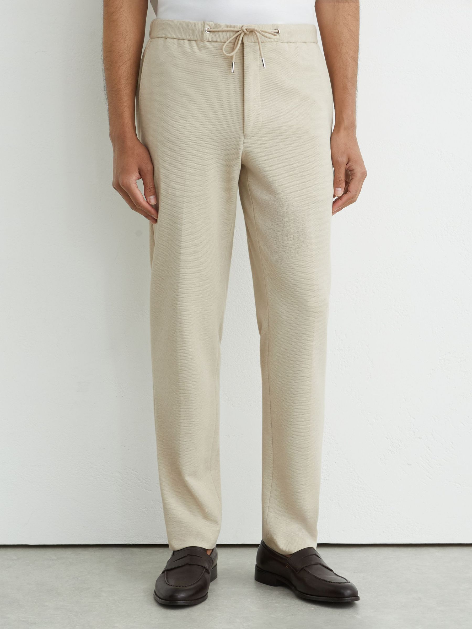 Tailored Fit Textured Jersey Drawstring Suit Trousers in Stone - Image 3 of 6