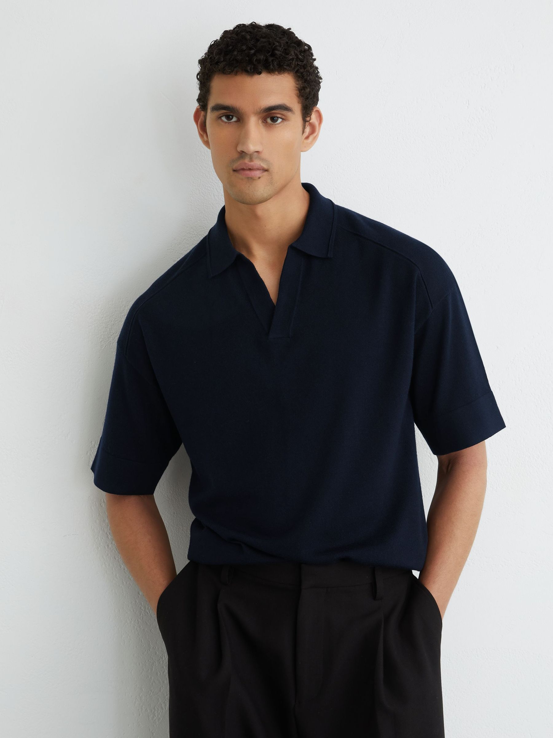 Merino Wool Relaxed Polo Jumper in Navy - Image 1 of 6 Merino Wool Relaxed Polo Jumper in Navy - Image 1 of 6