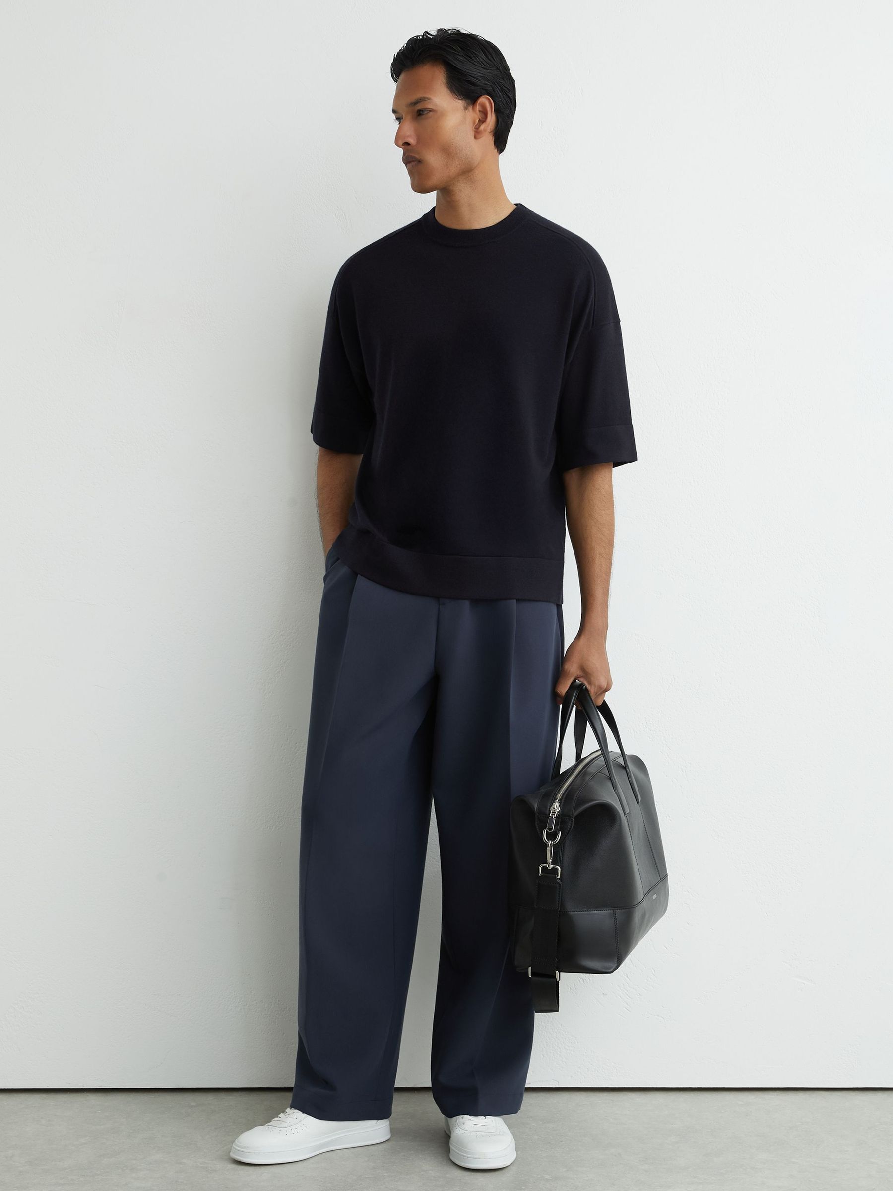 Merino Wool Relaxed Knit T-Shirt in Navy - Image 1 of 6