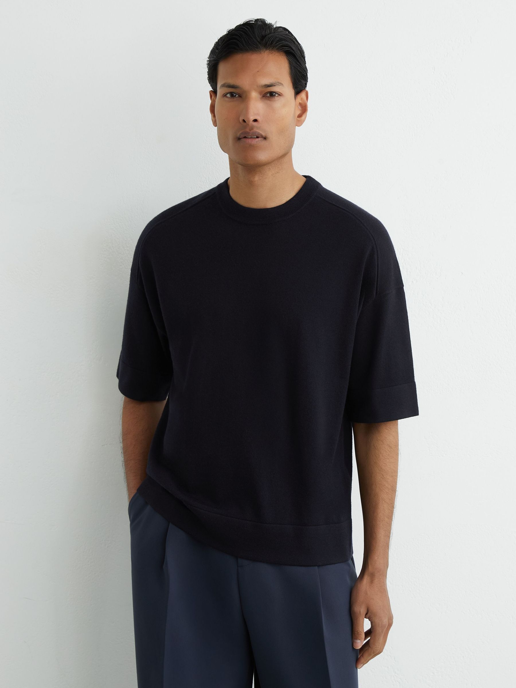 Merino Wool Relaxed Knit T-Shirt in Navy - Image 4 of 6
