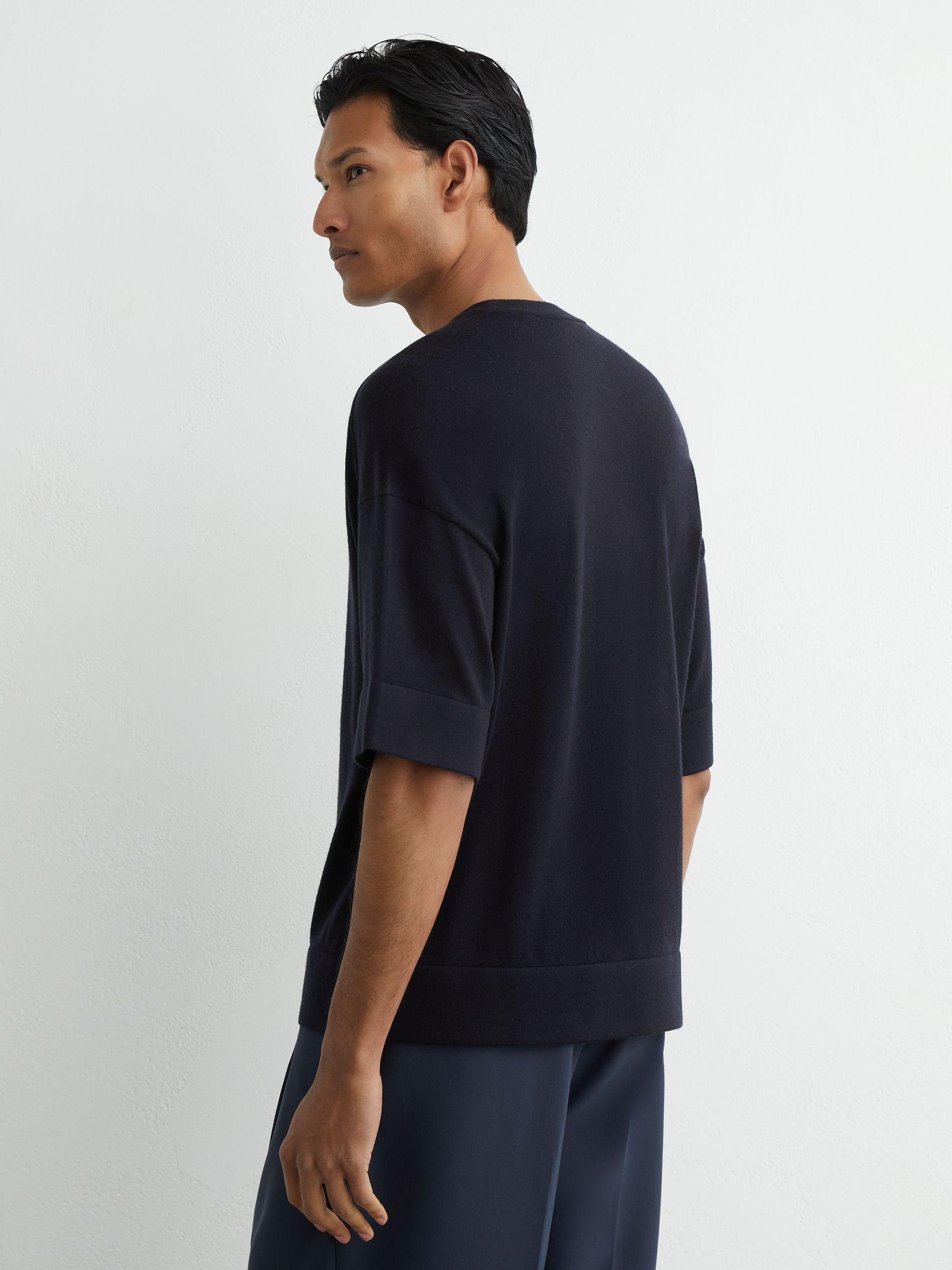Merino Wool Relaxed Knit T-Shirt in Navy - Image 5 of 6