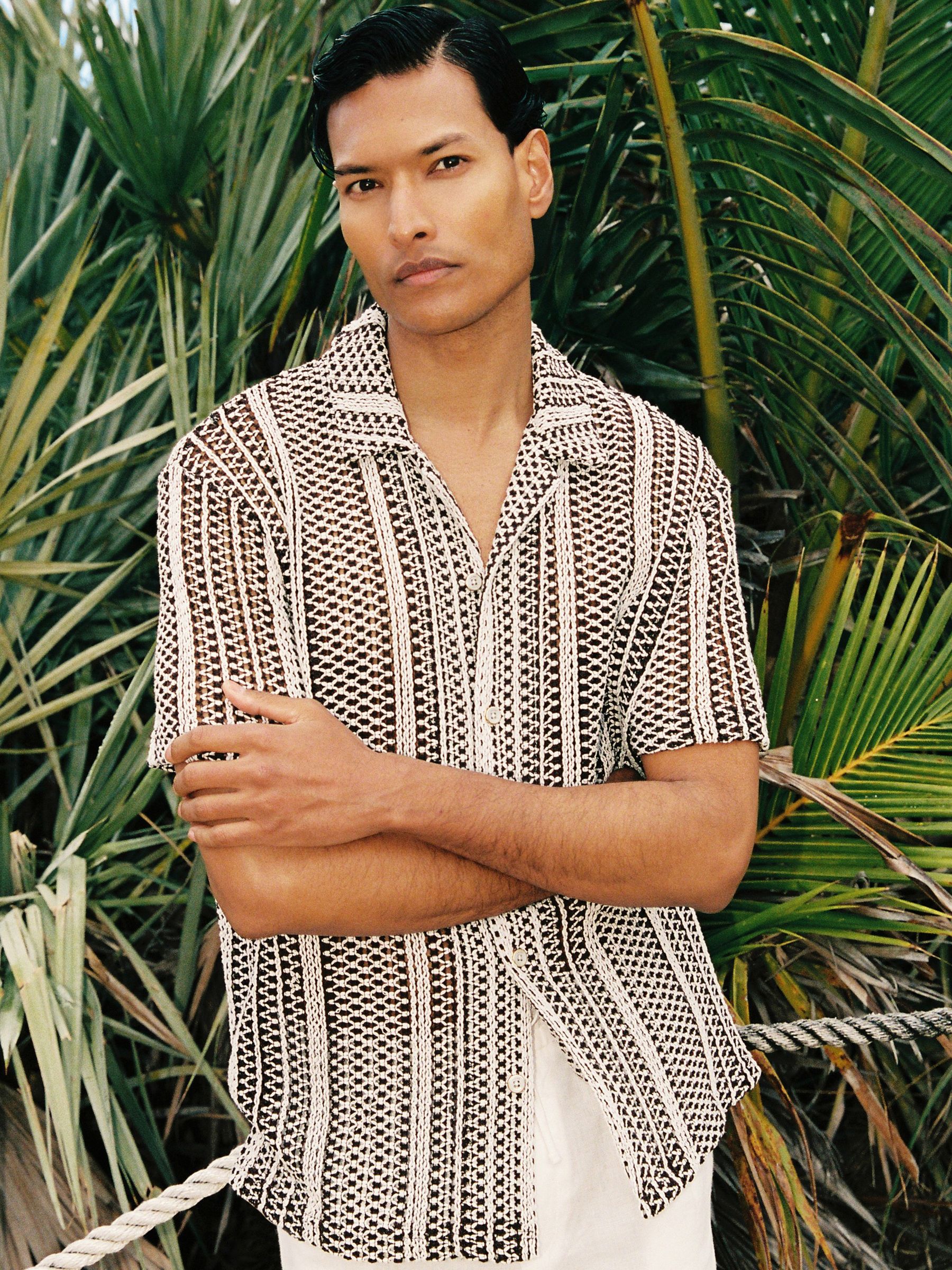 Crochet Stripe Cuban-Collar Shirt in Dark Brown - image 2