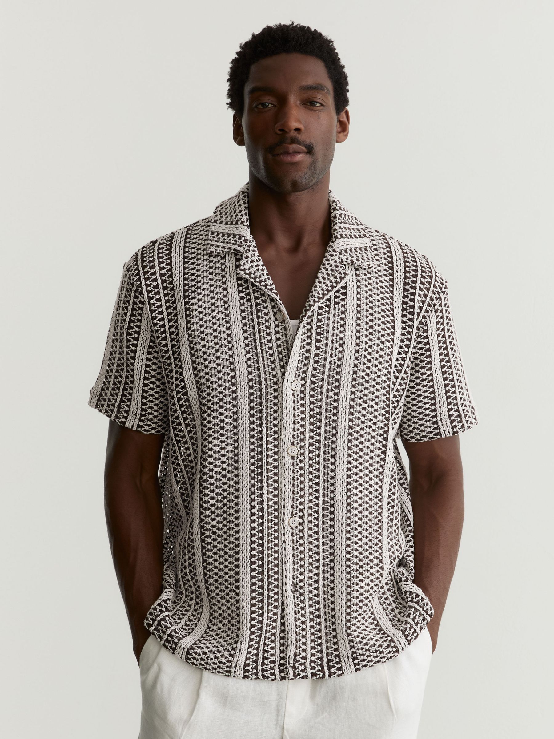 Crochet Stripe Cuban-Collar Shirt in Dark Brown - Image 1 of 6 Crochet Stripe Cuban-Collar Shirt in Dark Brown - Image 1 of 6