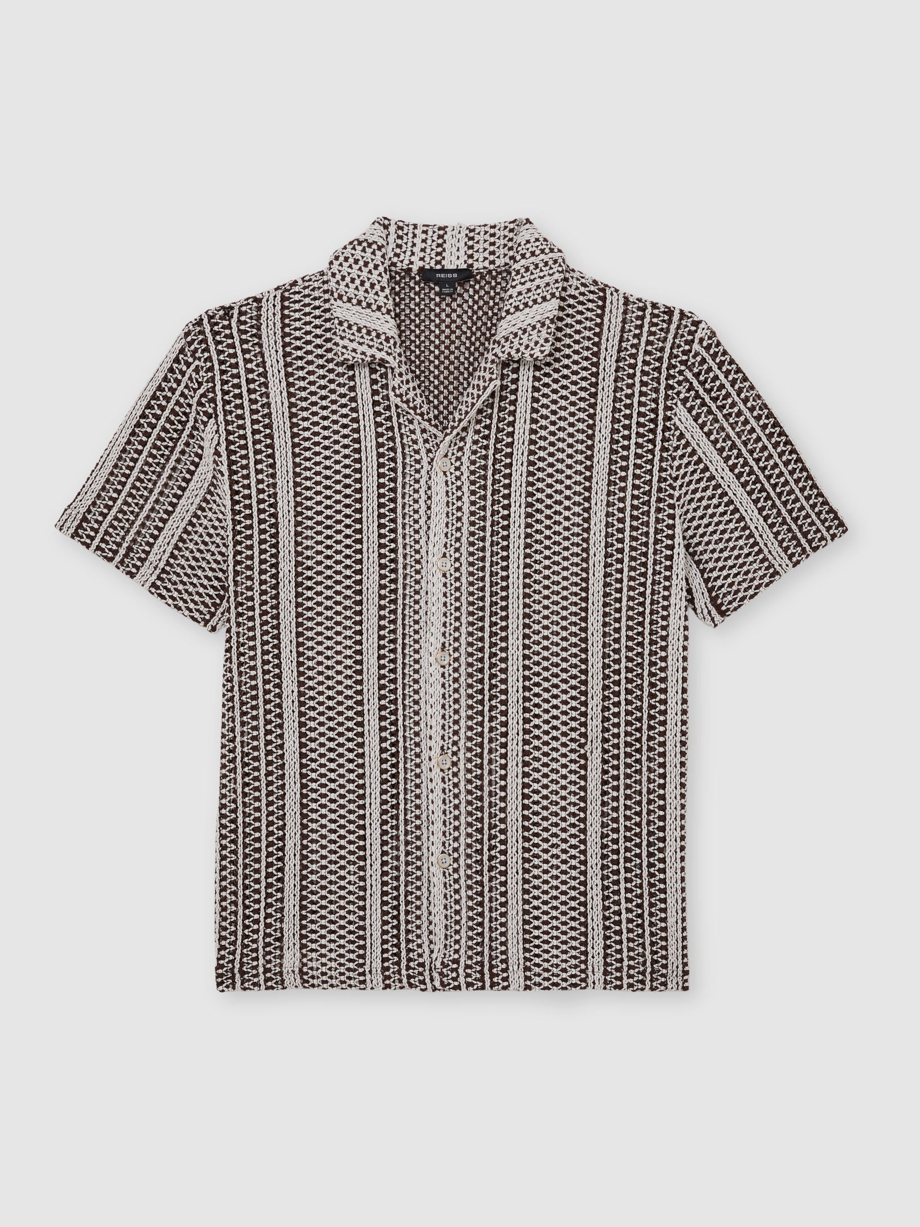 Crochet Stripe Cuban-Collar Shirt in Dark Brown - Image 2 of 6 Crochet Stripe Cuban-Collar Shirt in Dark Brown - Image 2 of 6