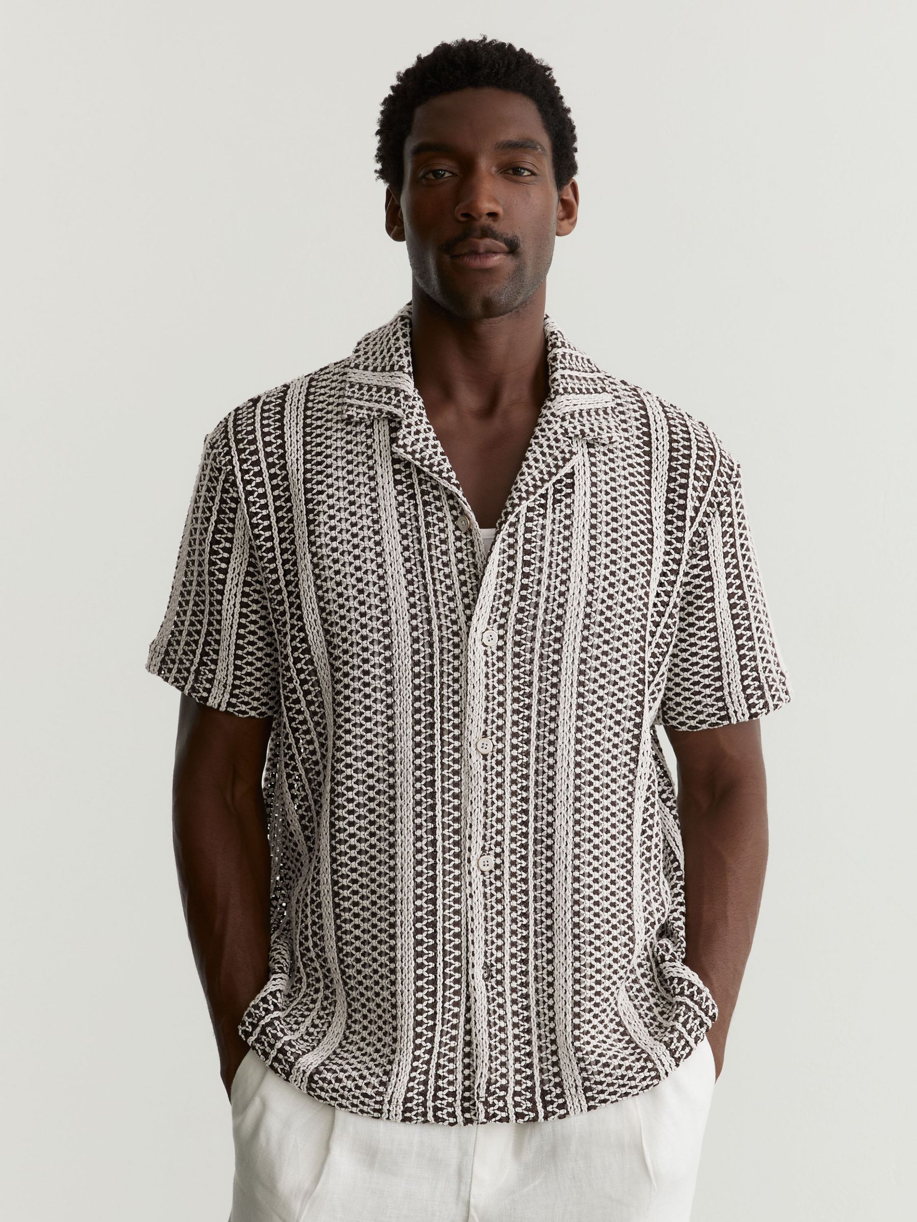 Reiss Crochet Stripe Cuban-Collar Shirt in Dark Brown | REISS