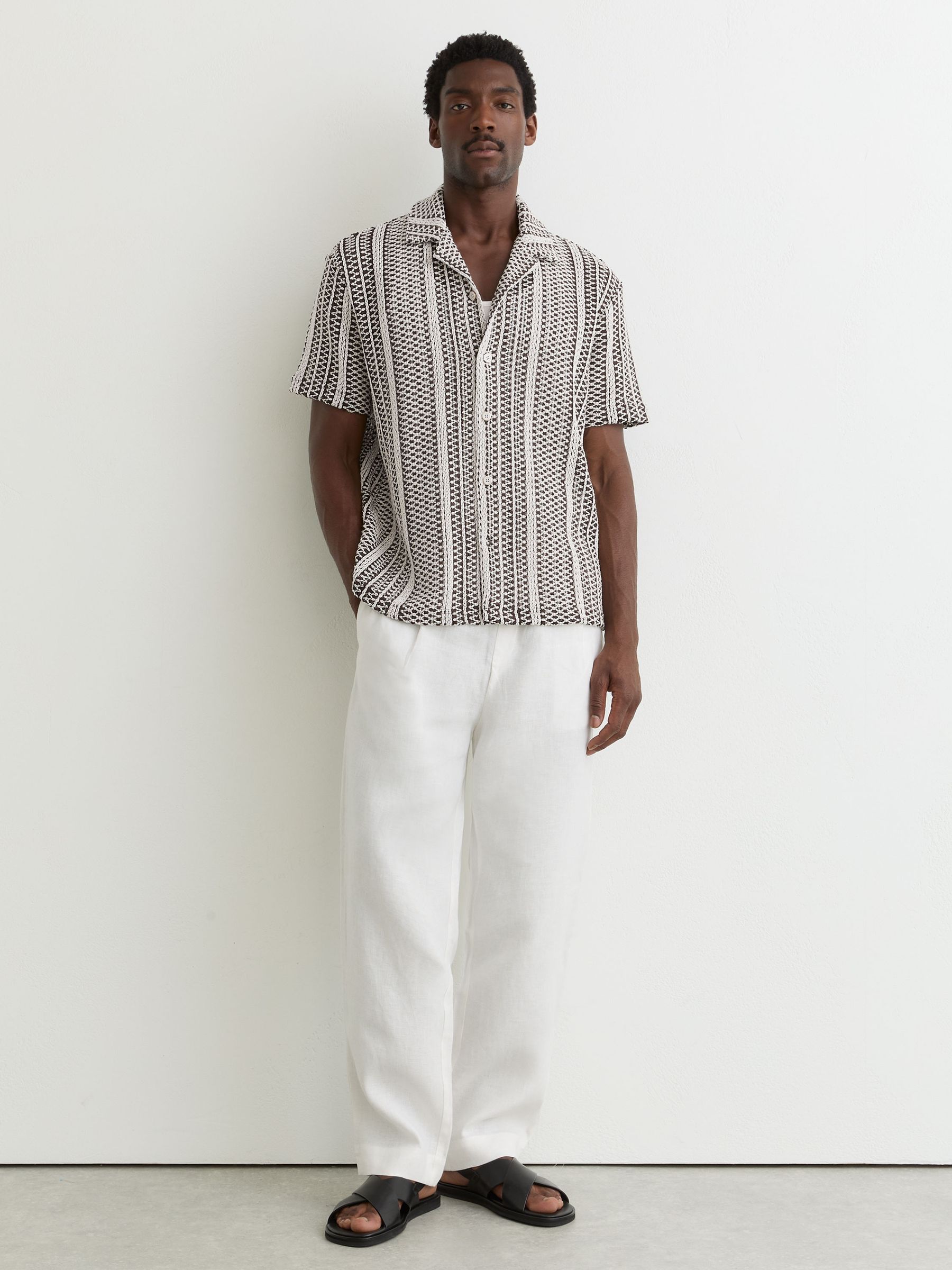 Crochet Stripe Cuban-Collar Shirt in Dark Brown - Image 3 of 6