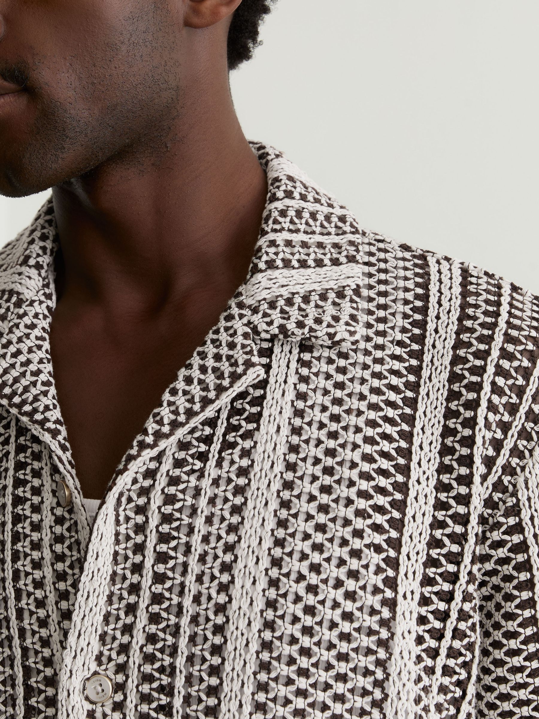 Crochet Stripe Cuban-Collar Shirt in Dark Brown - image 4