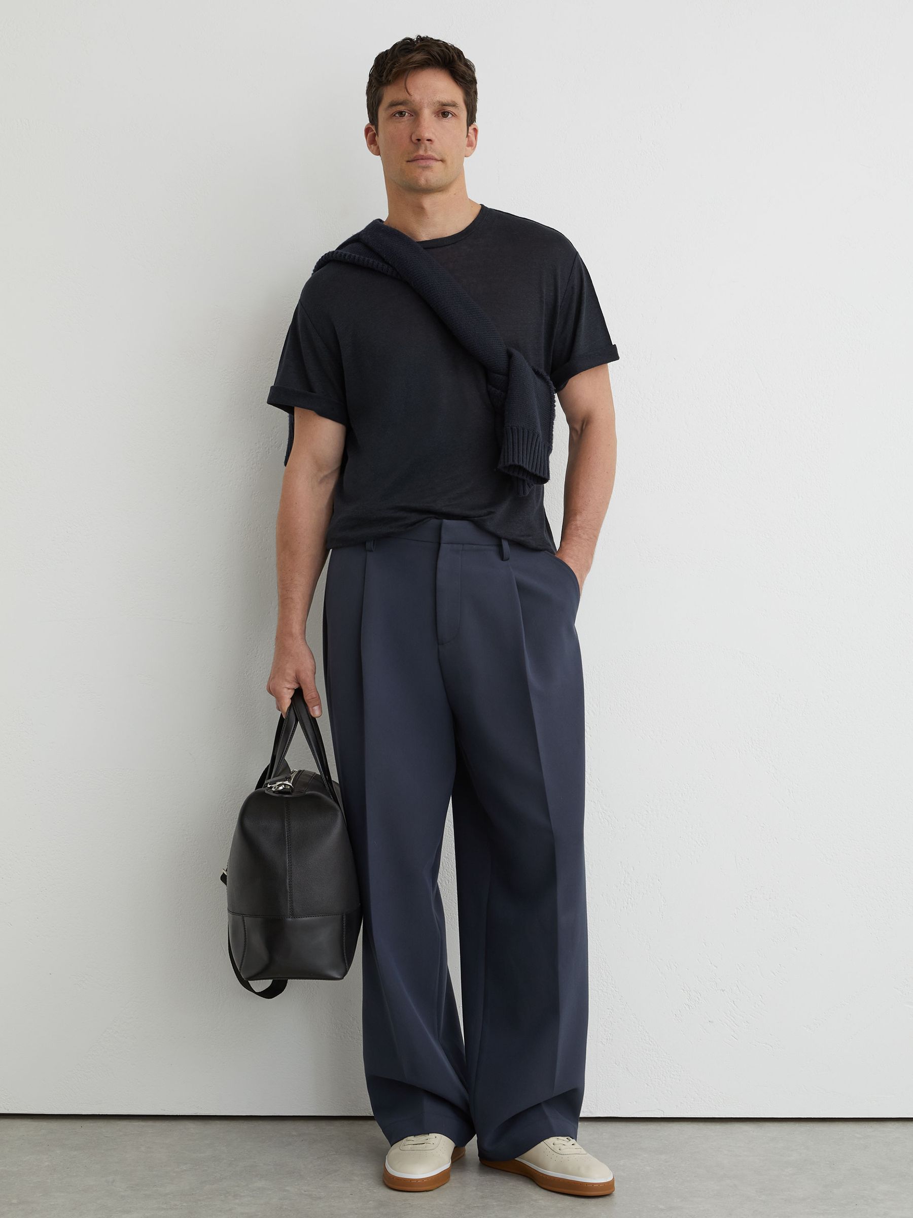 Linen Relaxed-Fit Crew-Neck T-Shirt in Navy - Image 1 of 6