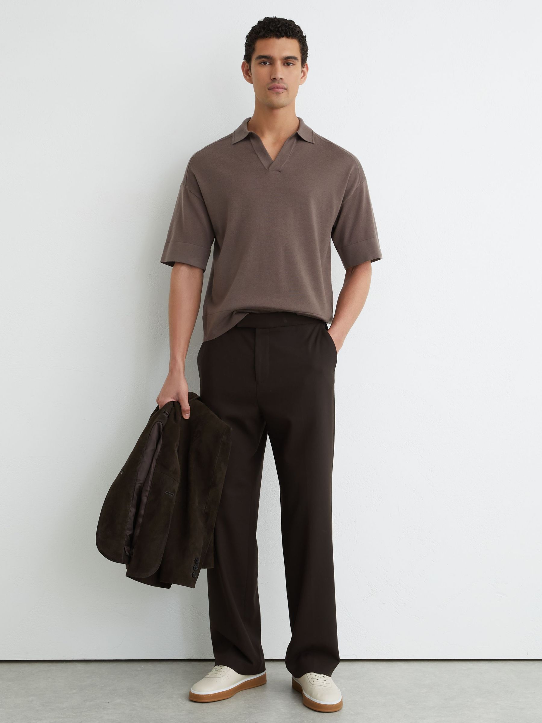 Merino Wool Relaxed Polo Jumper in Ridge Brown - Image 3 of 6