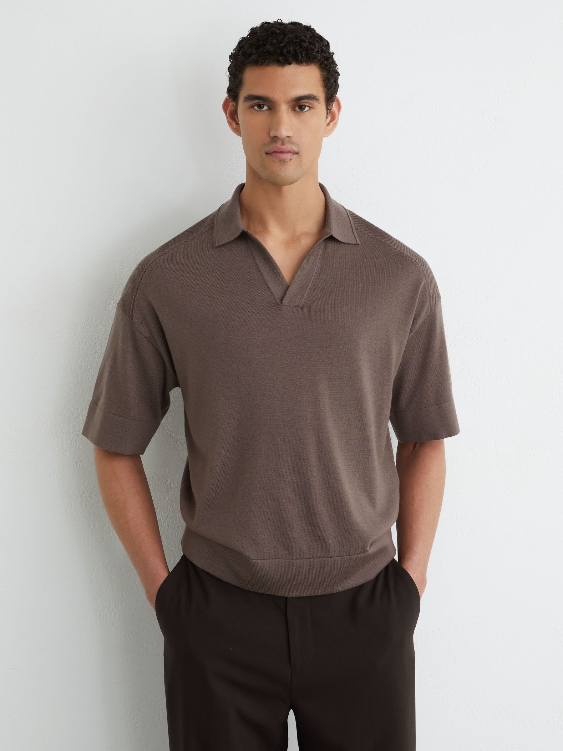 Merino Wool Relaxed Polo Jumper in Ridge Brown - Image 4 of 6