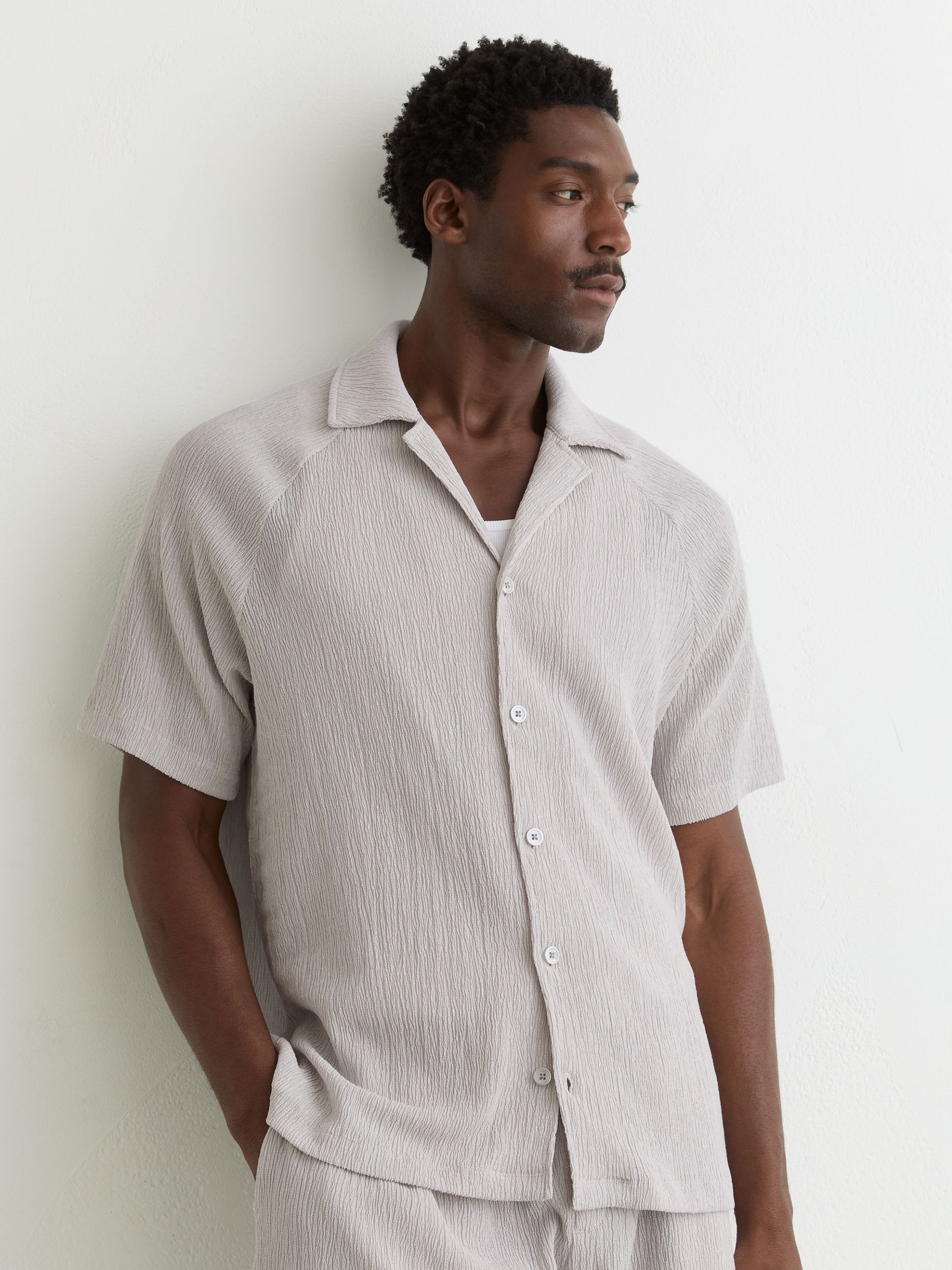 Textured Raglan Cuban-Collar Shirt in Silver - Image 1 of 6