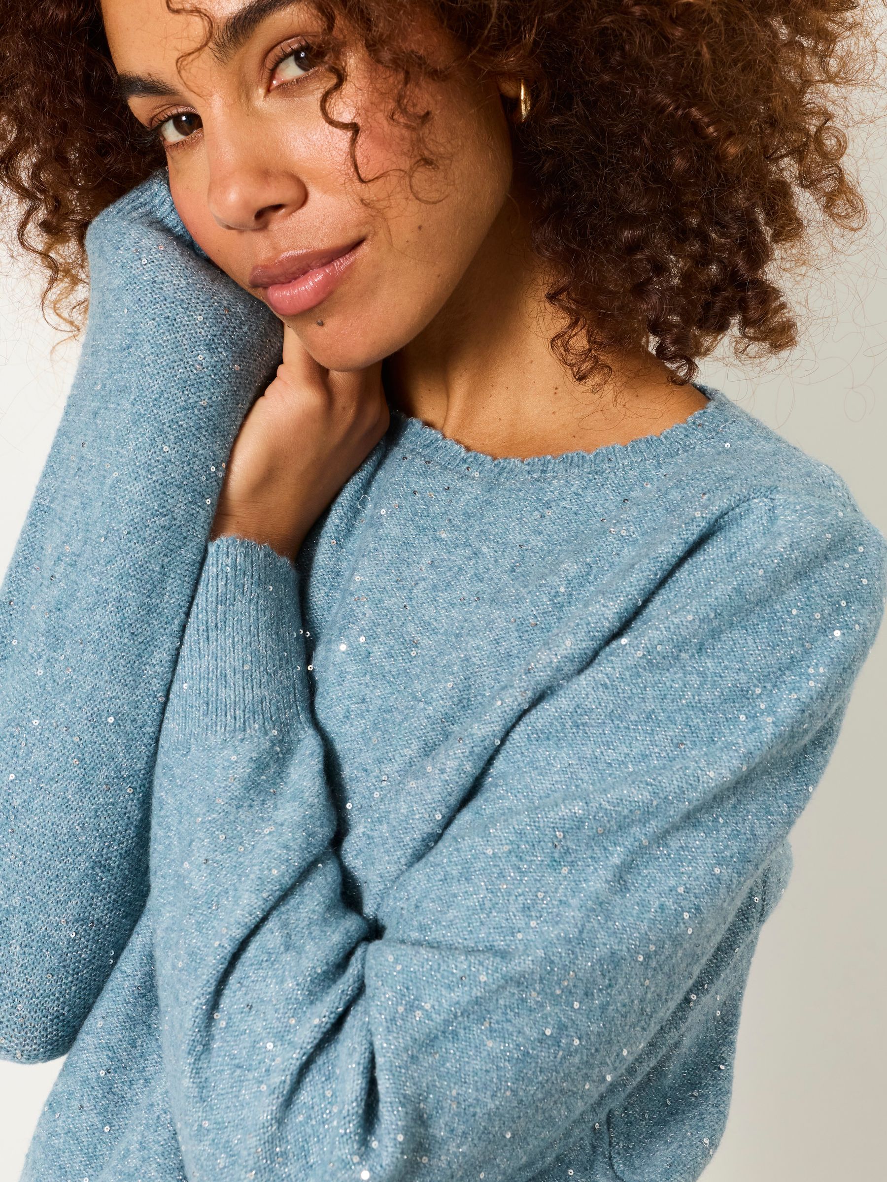 Skylar Light Blue Knitted Sequin Sparkle Frill Cuff Jumper - Image 3 of 5