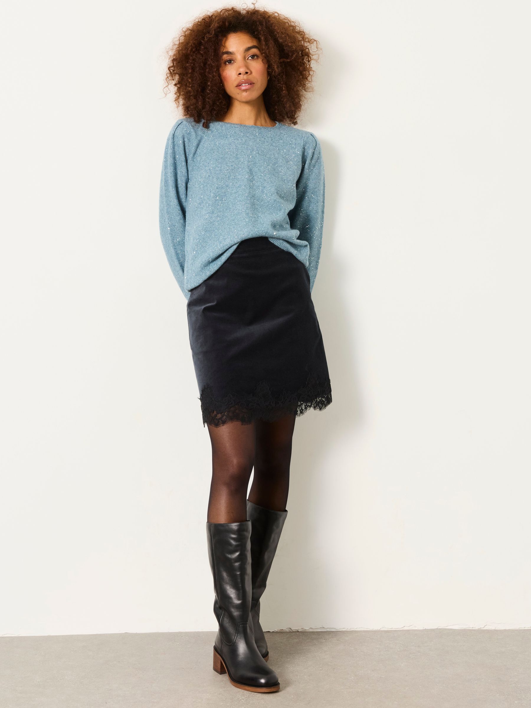 Skylar Light Blue Knitted Sequin Sparkle Frill Cuff Jumper - Image 4 of 5