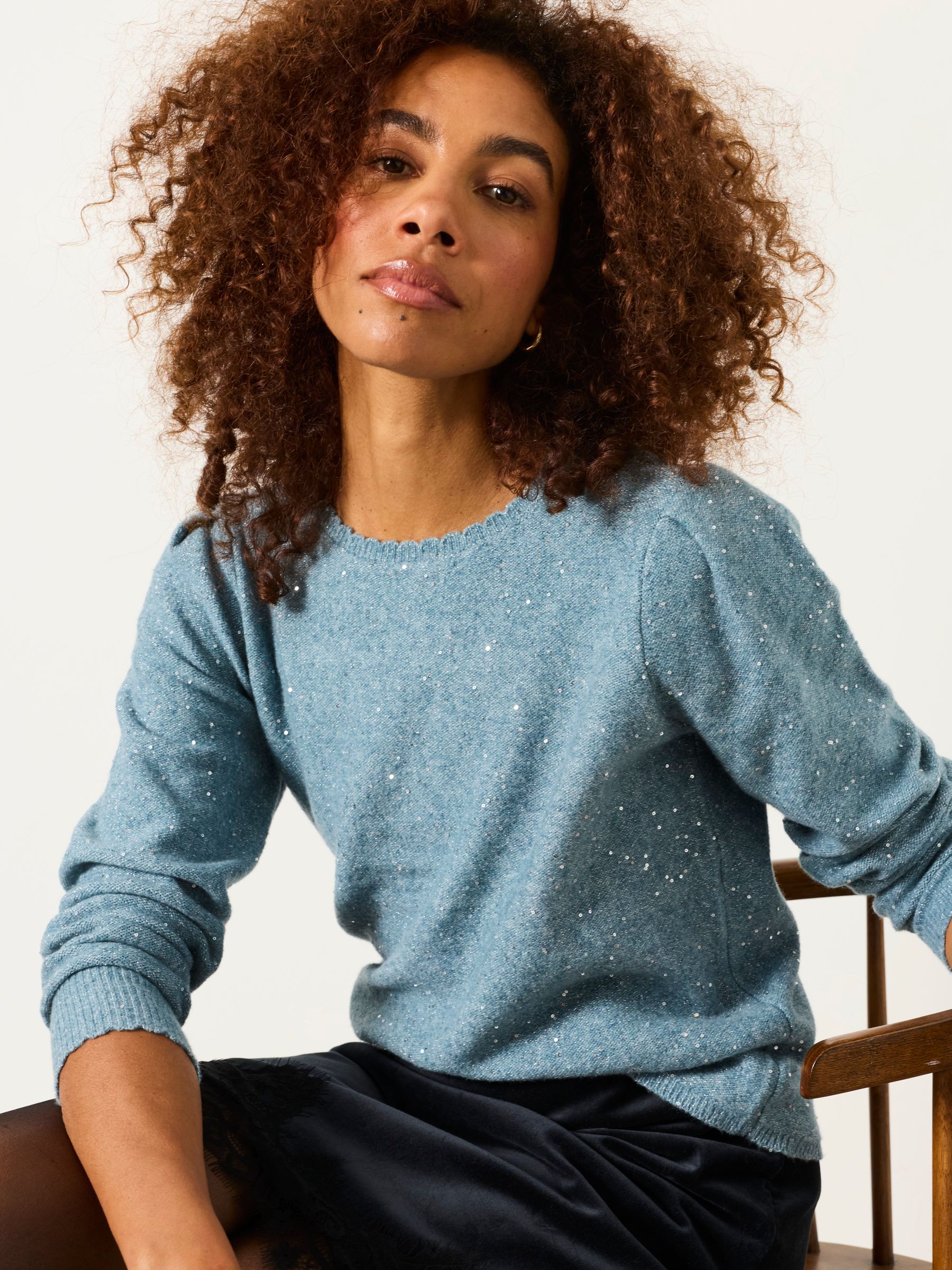 Skylar Light Blue Knitted Sequin Sparkle Frill Cuff Jumper - Image 5 of 5 Skylar Light Blue Knitted Sequin Sparkle Frill Cuff Jumper - Image 5 of 5