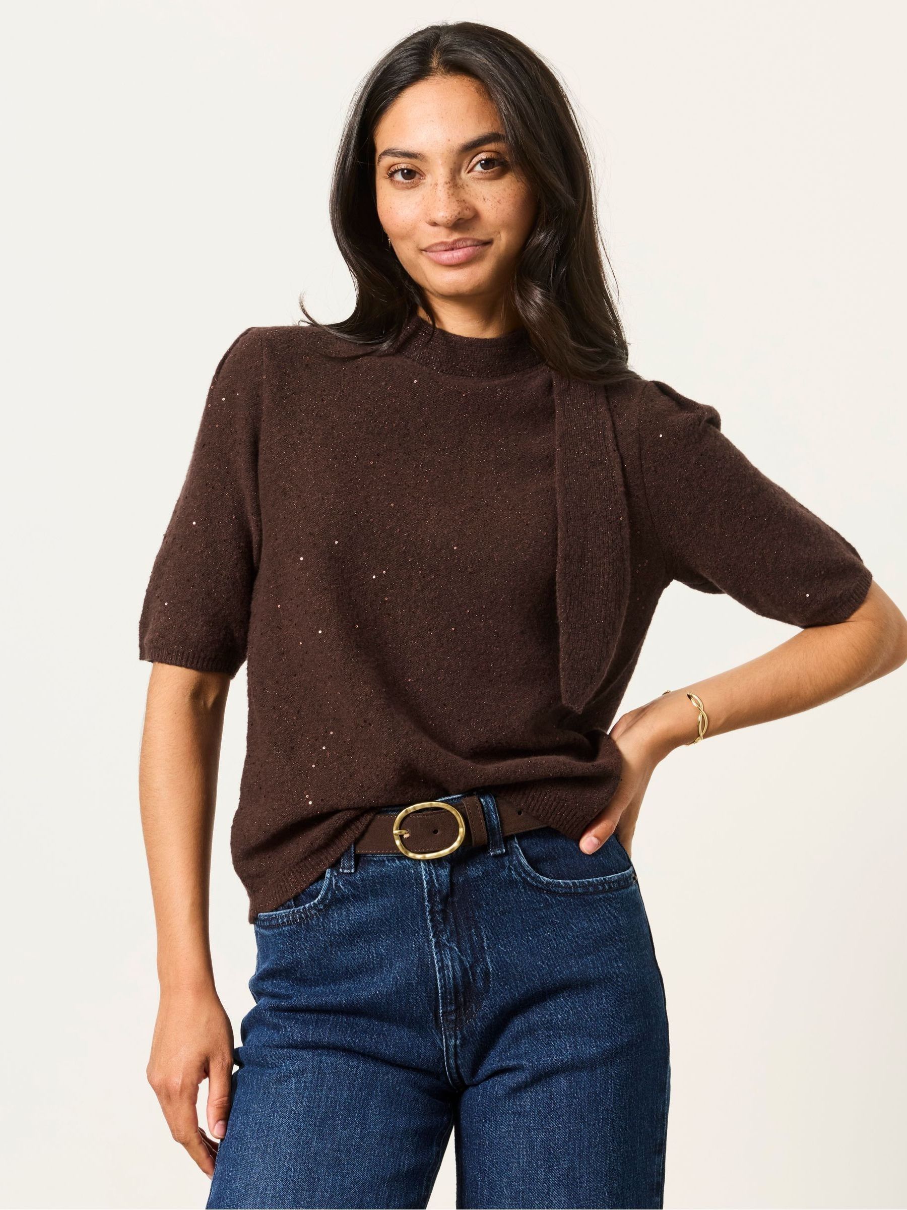 Skylar Chocolate Brown Knitted Sequin Tie Neck Jumper - Image 1 of 6