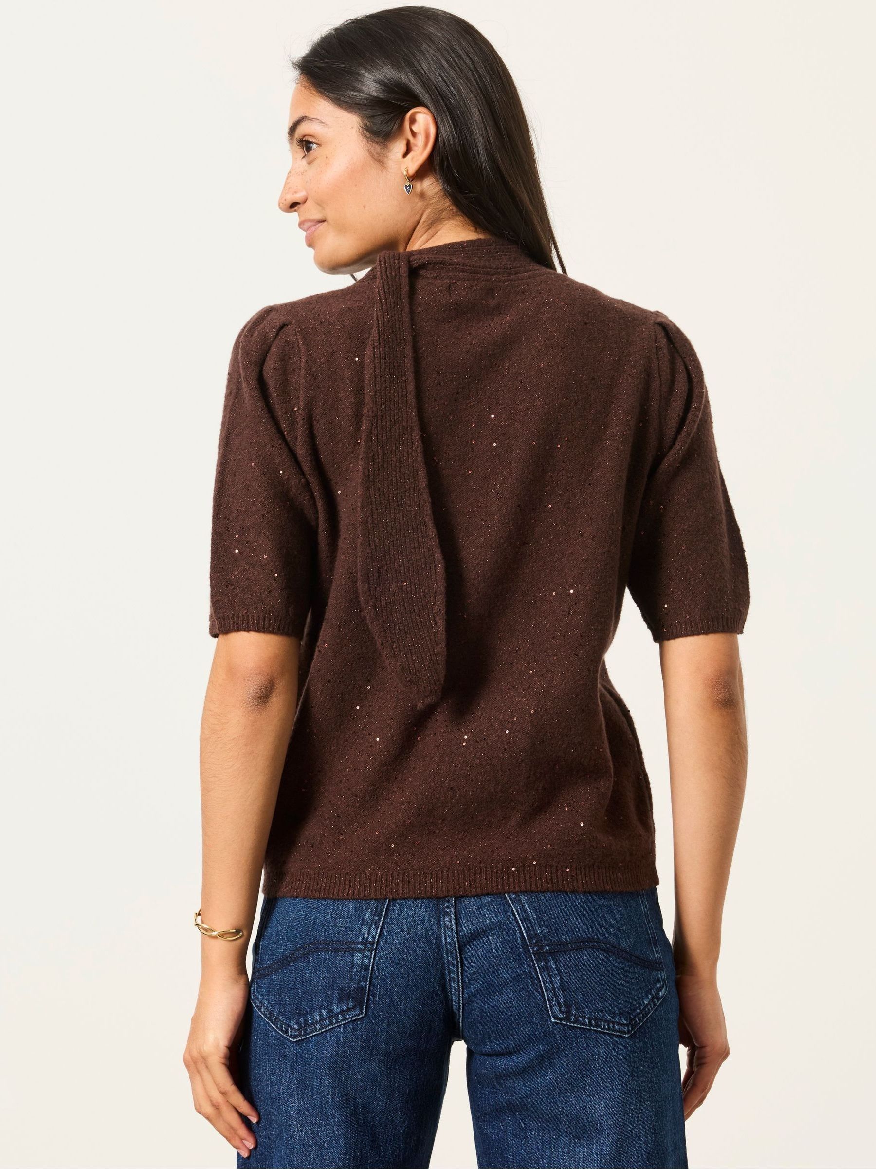 Skylar Chocolate Brown Knitted Sequin Tie Neck Jumper - Image 2 of 6