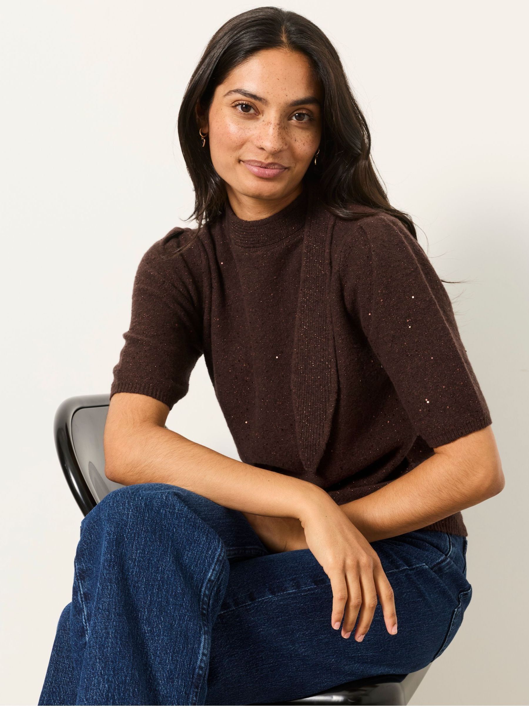 Skylar Chocolate Brown Knitted Sequin Tie Neck Jumper - Image 3 of 6