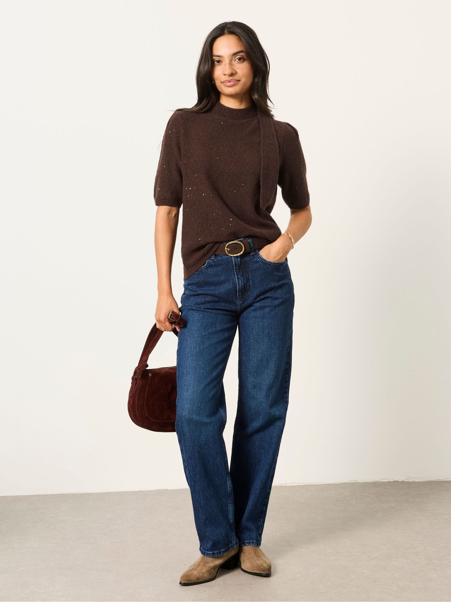 Skylar Chocolate Brown Knitted Sequin Tie Neck Jumper - Image 4 of 6
