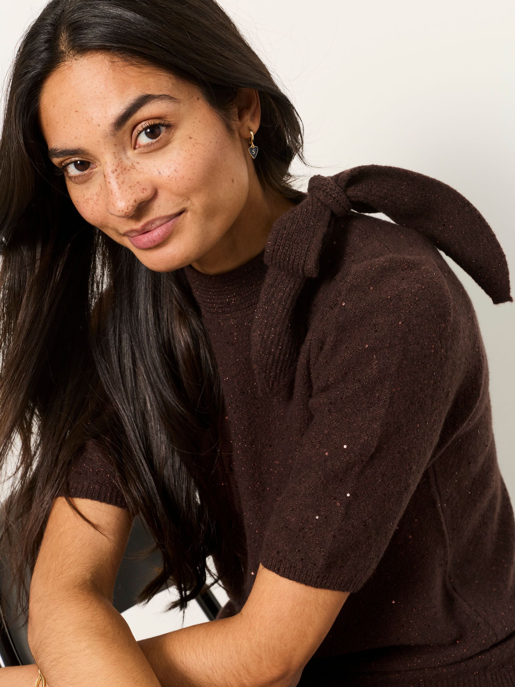 Skylar Chocolate Brown Knitted Sequin Tie Neck Jumper - Image 5 of 6