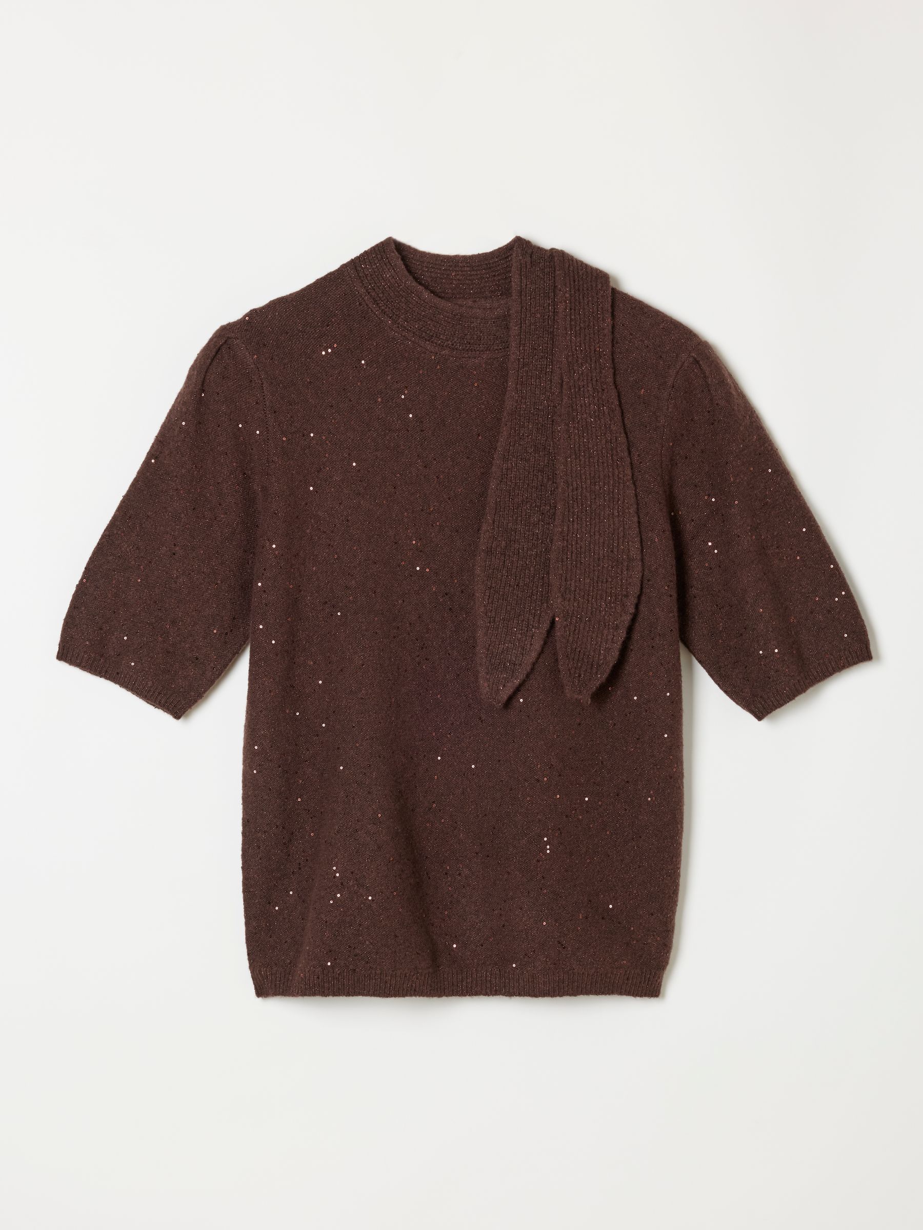 Skylar Chocolate Brown Knitted Sequin Tie Neck Jumper - Image 6 of 6