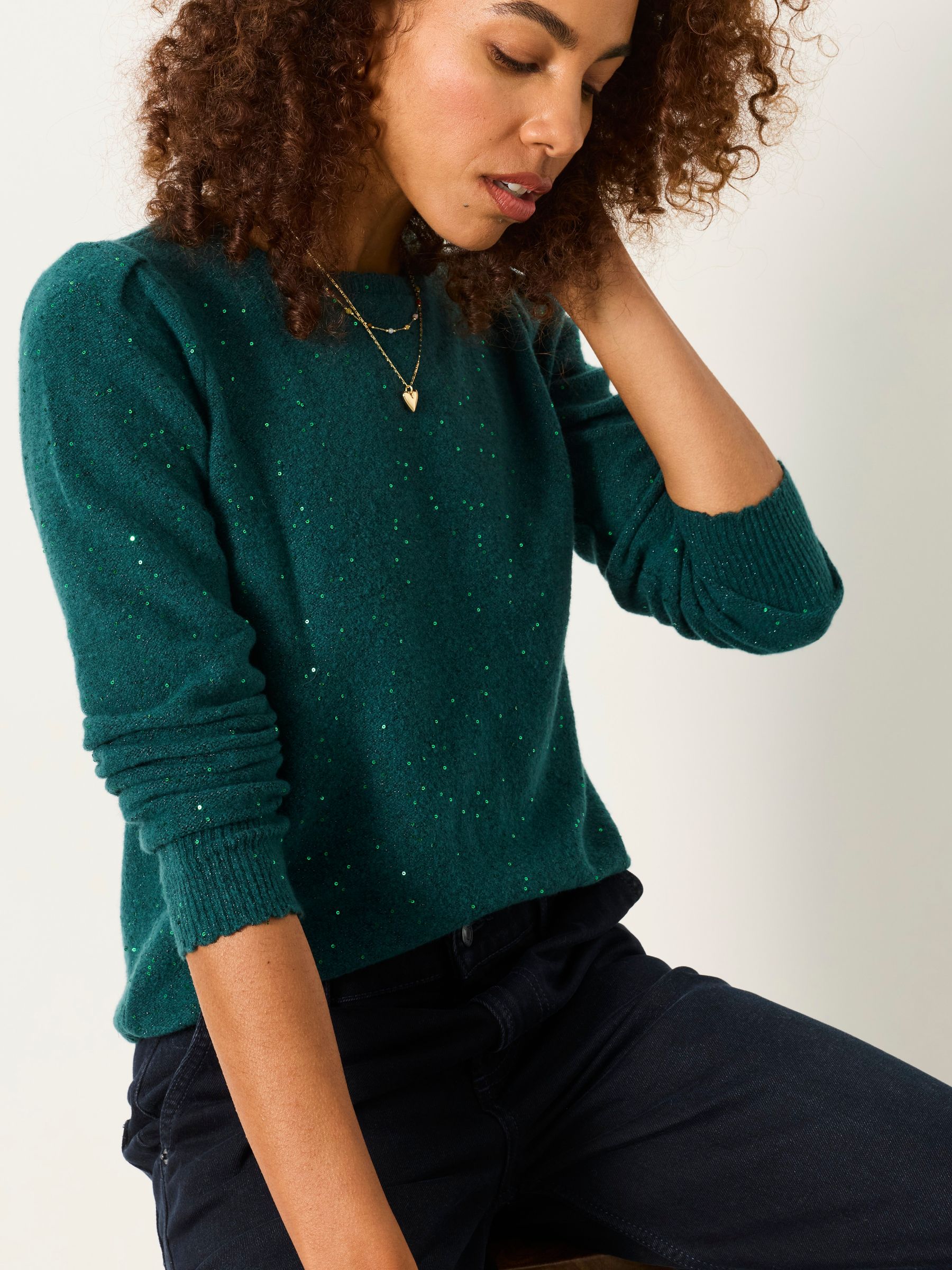Skylar Jade Green Knitted Sequin Sparkle Frill Cuff Jumper - Image 3 of 5