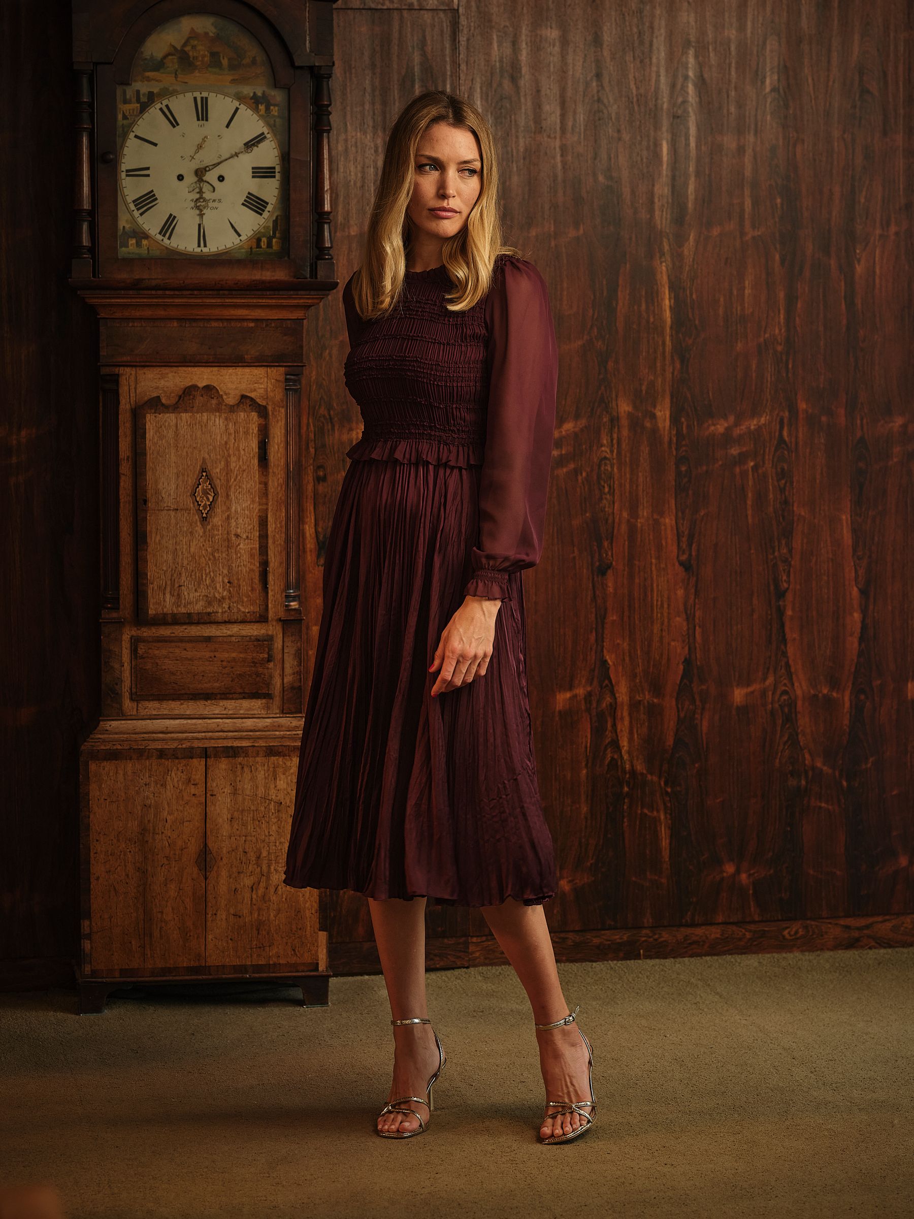 Eva Wine Pleated Midi Dress - Image 1 of 8