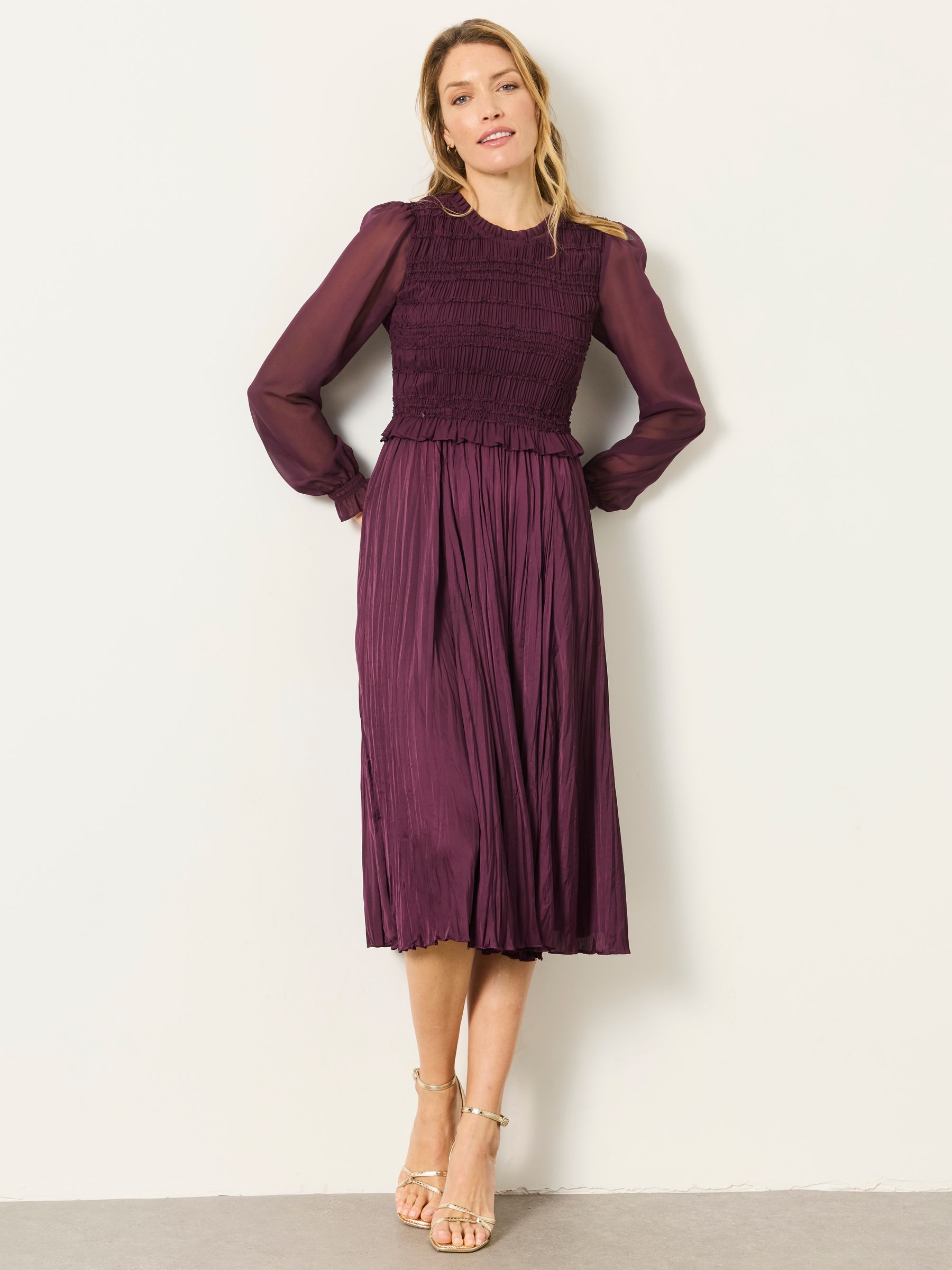 Eva Wine Petite Pleated Midi Dress - Image 3 of 7