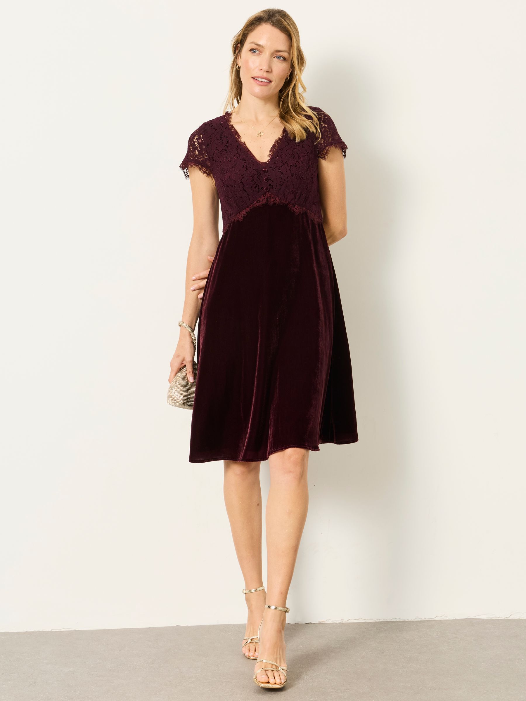 Thea Wine Velvet and Lace Dress - Image 2 of 8