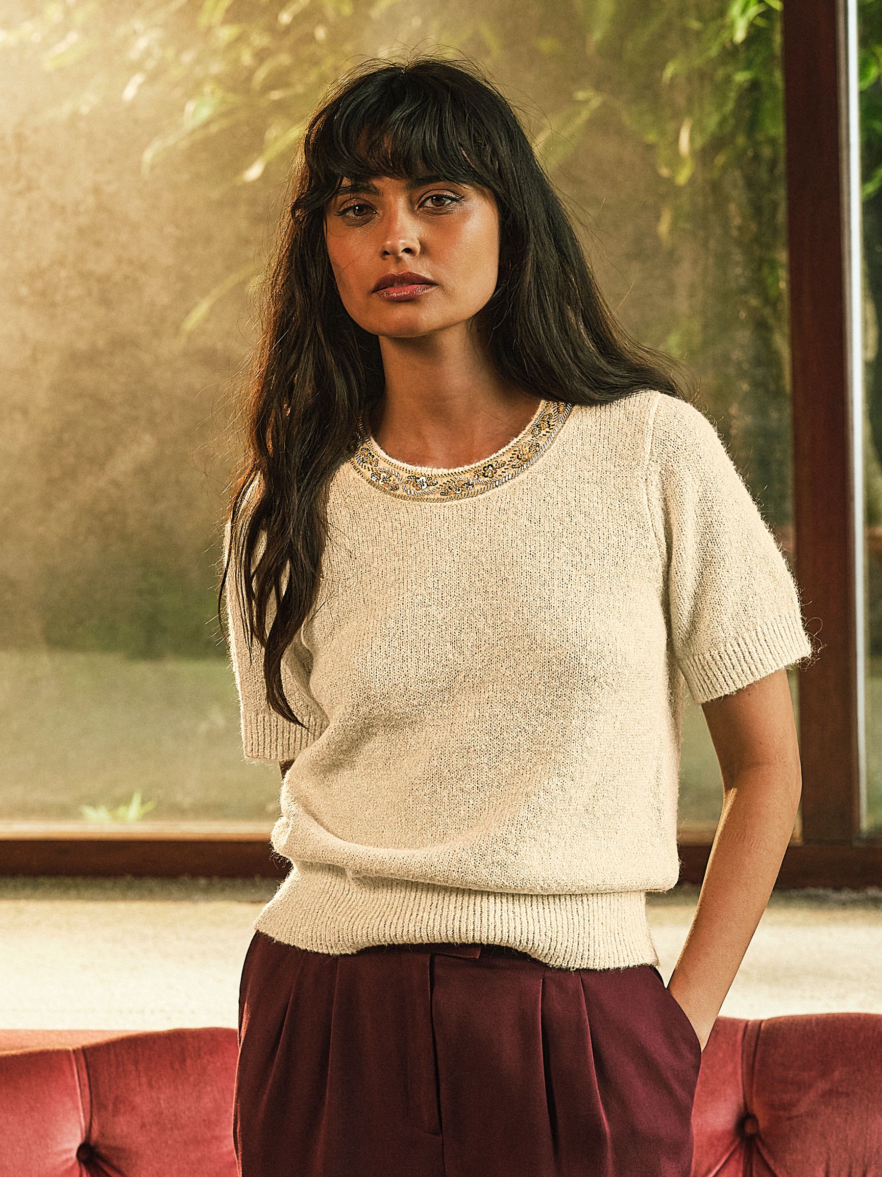 Ivory Embellished Collar Knit Top - Image 1 of 7