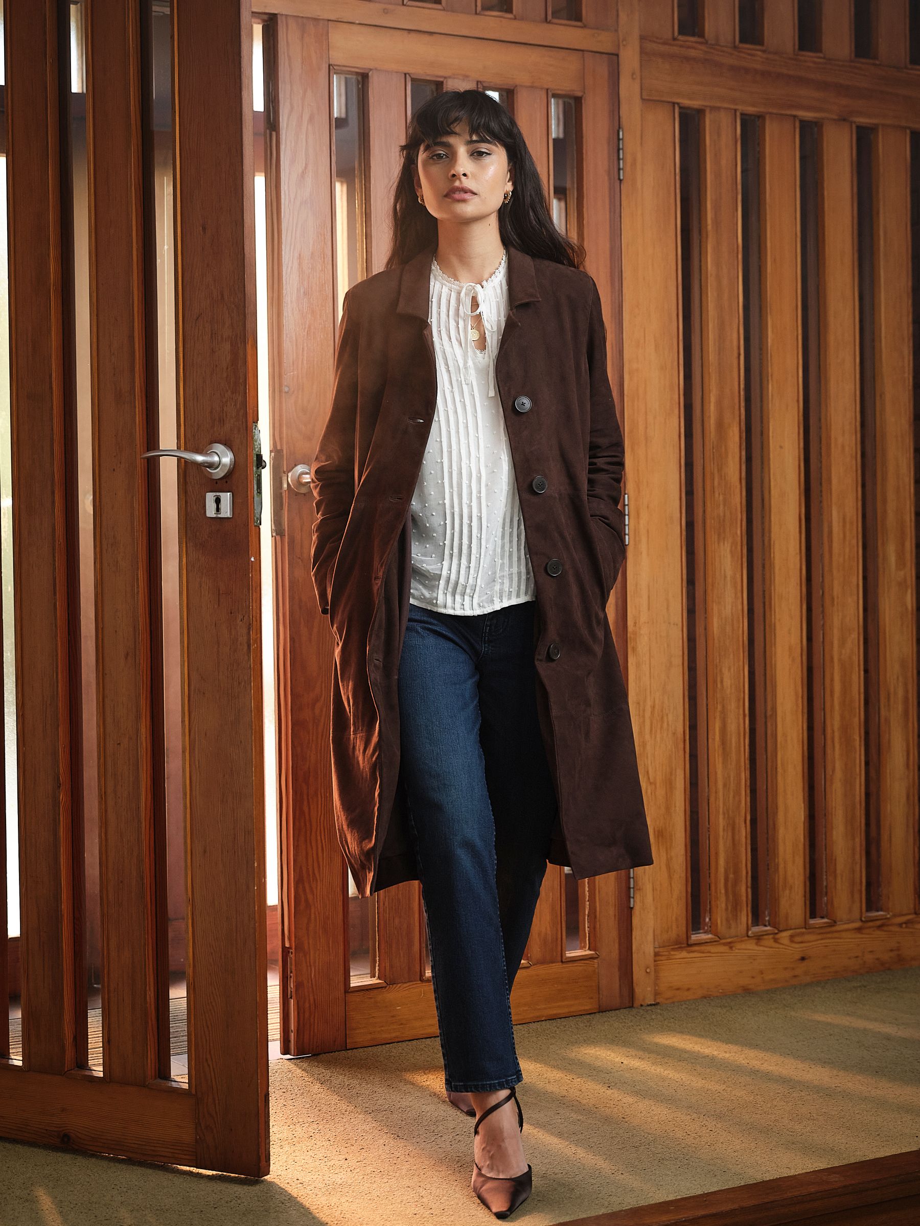 Chocolate Brown Lauren Long Suede Jacket - Image 1 of 6 Chocolate Brown Lauren Long Suede Jacket - Image 1 of 6