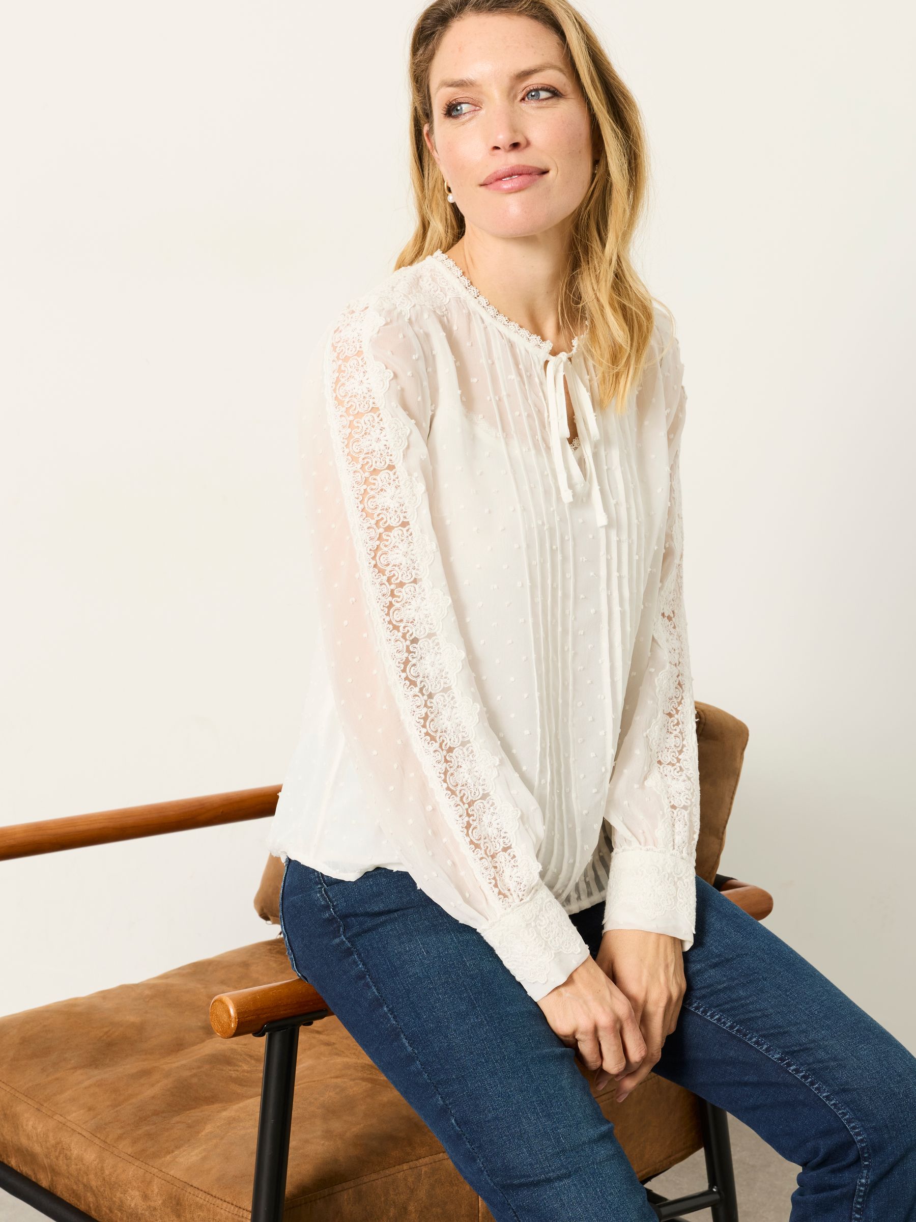 Florence Ivory Sheer Dobby Lace Trim Blouse - Image 4 of 5